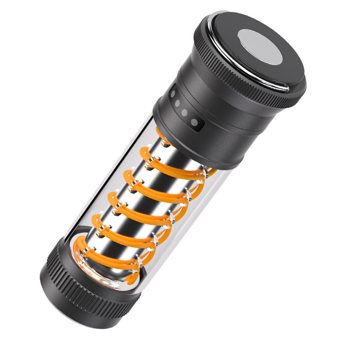 Ein klares, zylindrisches Objekt mit einer orangefarbenen Spule im Inneren. Schwarzer Deckel und Boden, Metall und Glas.