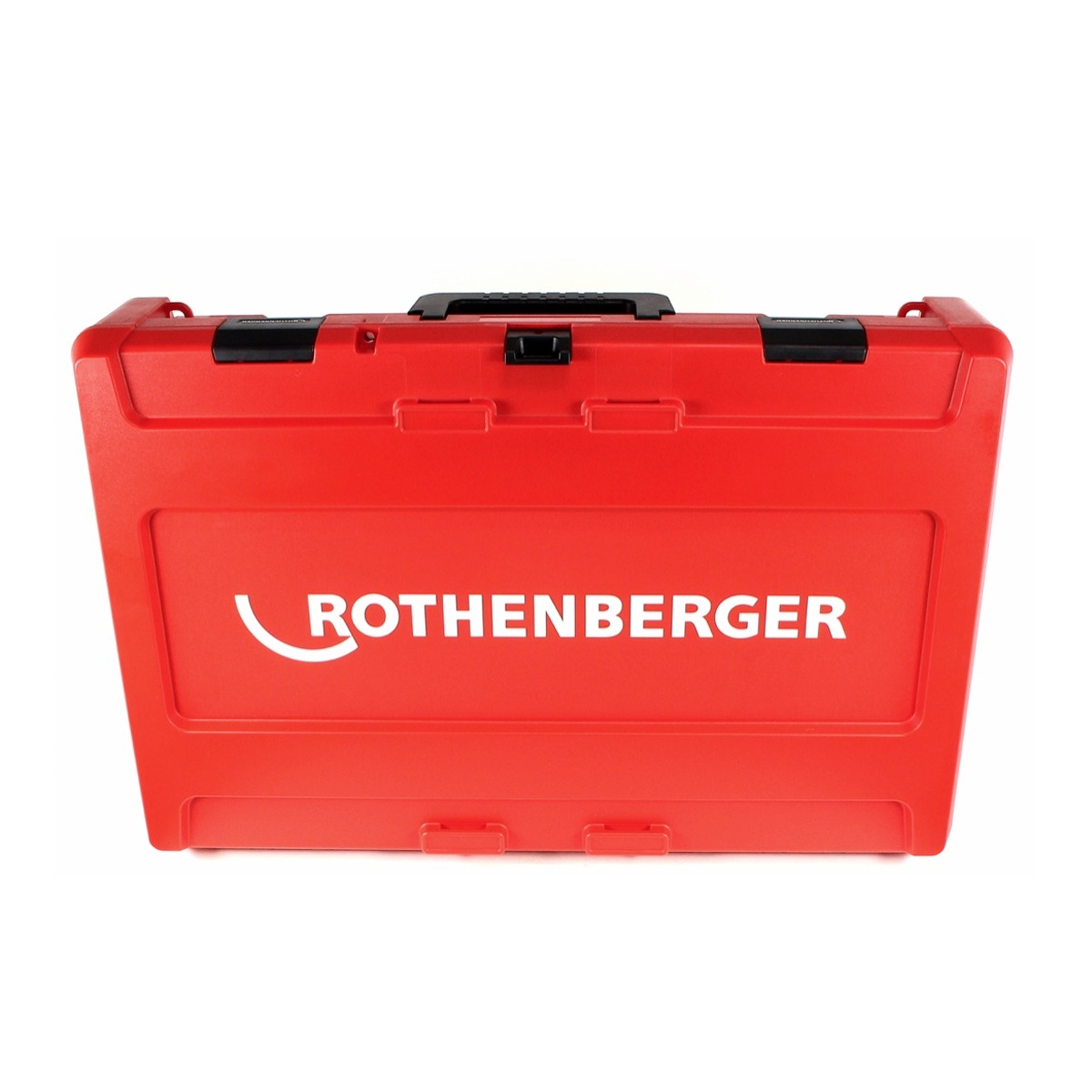 Ein roter Rothenberger Werkzeugkoffer mit weißem Text und schwarzem Griff vor weißem Hintergrund.