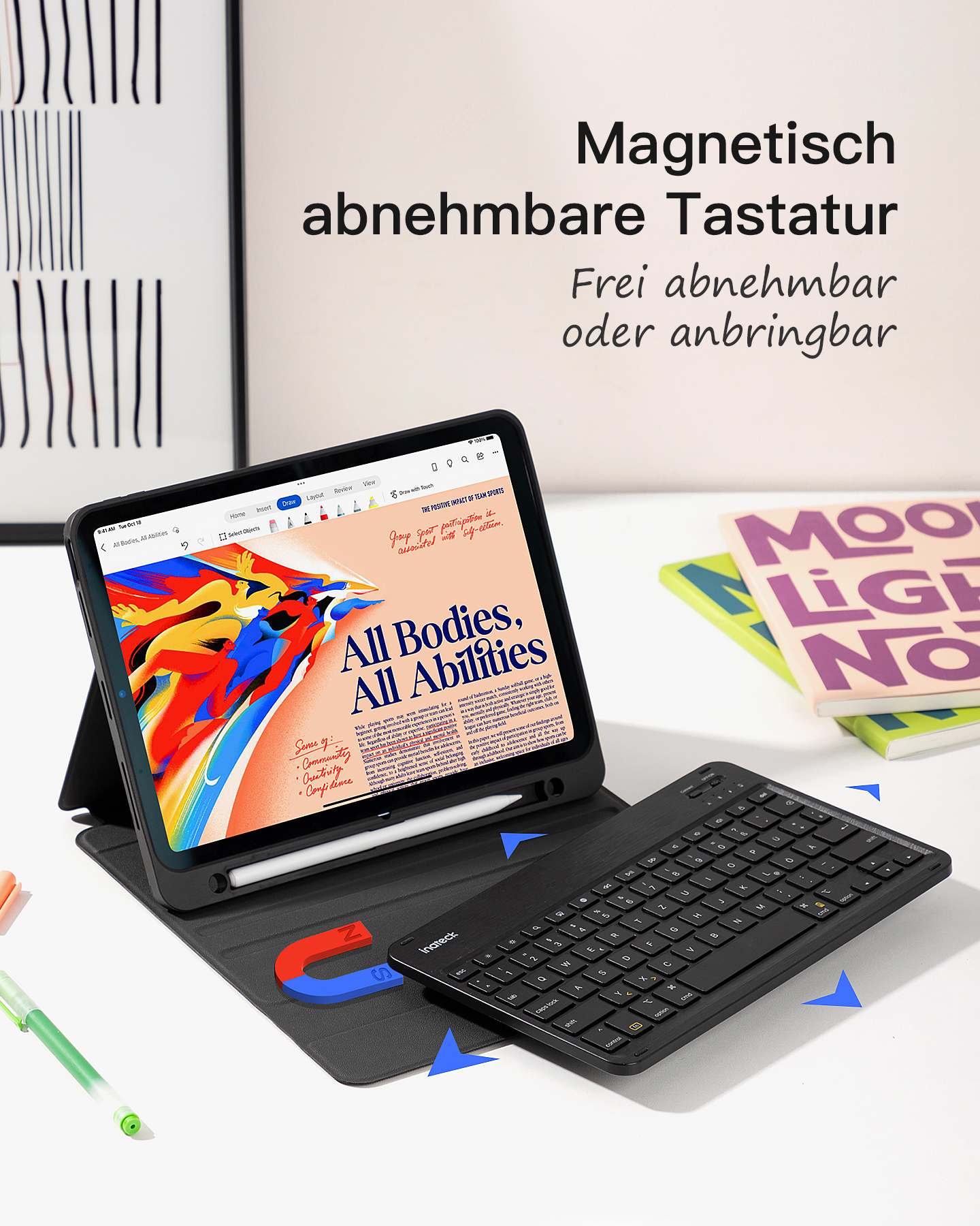 Tablet mit Tastatur. Das Tablet hat einen Bildschirm, der Text anzeigt. Die Tastatur ist schwarz und abgenommen.