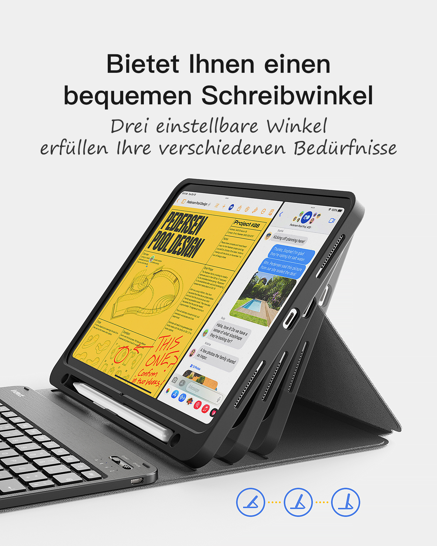 Tablet mit Tastaturhülle hochgestellt. Text-Overlays zeigen Schrift und Symbole.
