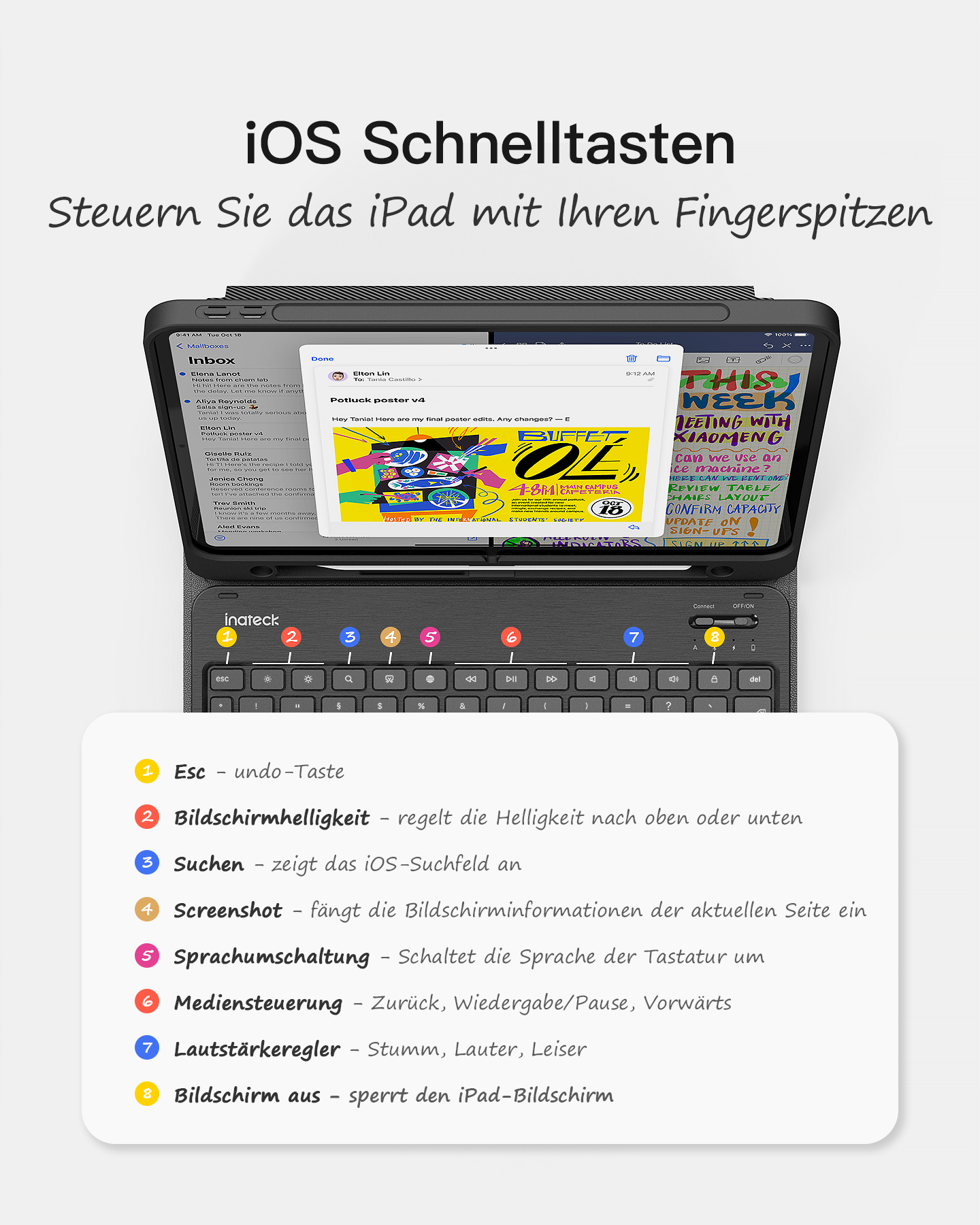 iPad mit Tastatur. Text auf dem Bildschirm lautet 'Inbox' und 'Outlook poster'.