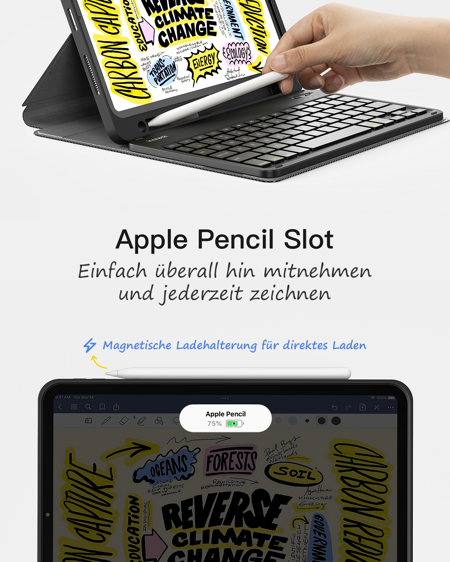 Tablet mit angeschlossener Tastatur und Apple Pencil. Das Tablet zeigt eine Zeichnung und andere Inhalte.