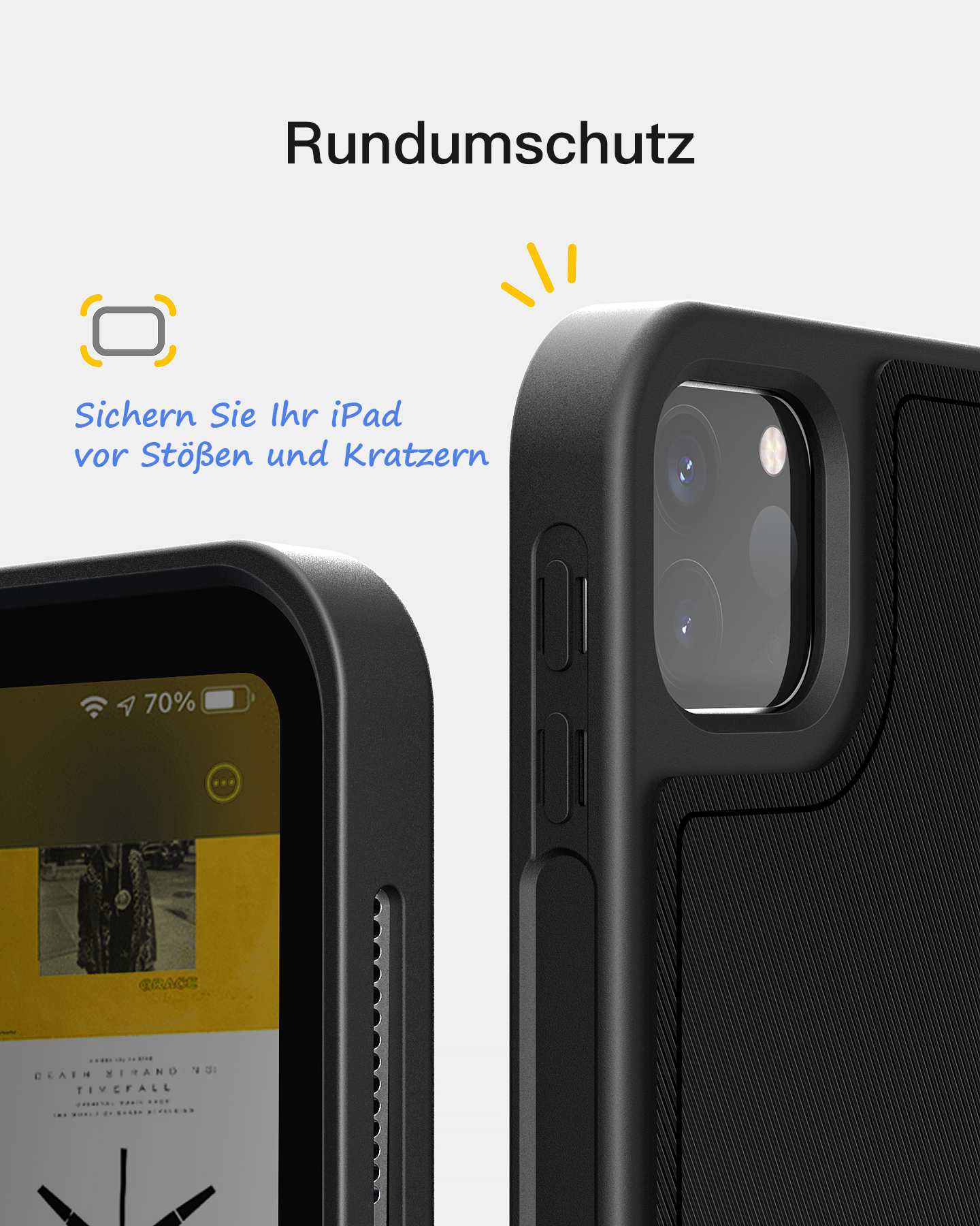 iPad in einer schwarzen Schutzhülle. Die Hülle hat eine strukturierte Rückseite und bedeckt die Ränder des Bildschirms.