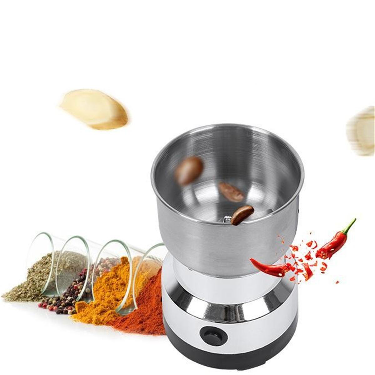 Eine Mühle mit Gewürzen und Chilis. Gewürze, die aus Glasbehältern quellen.