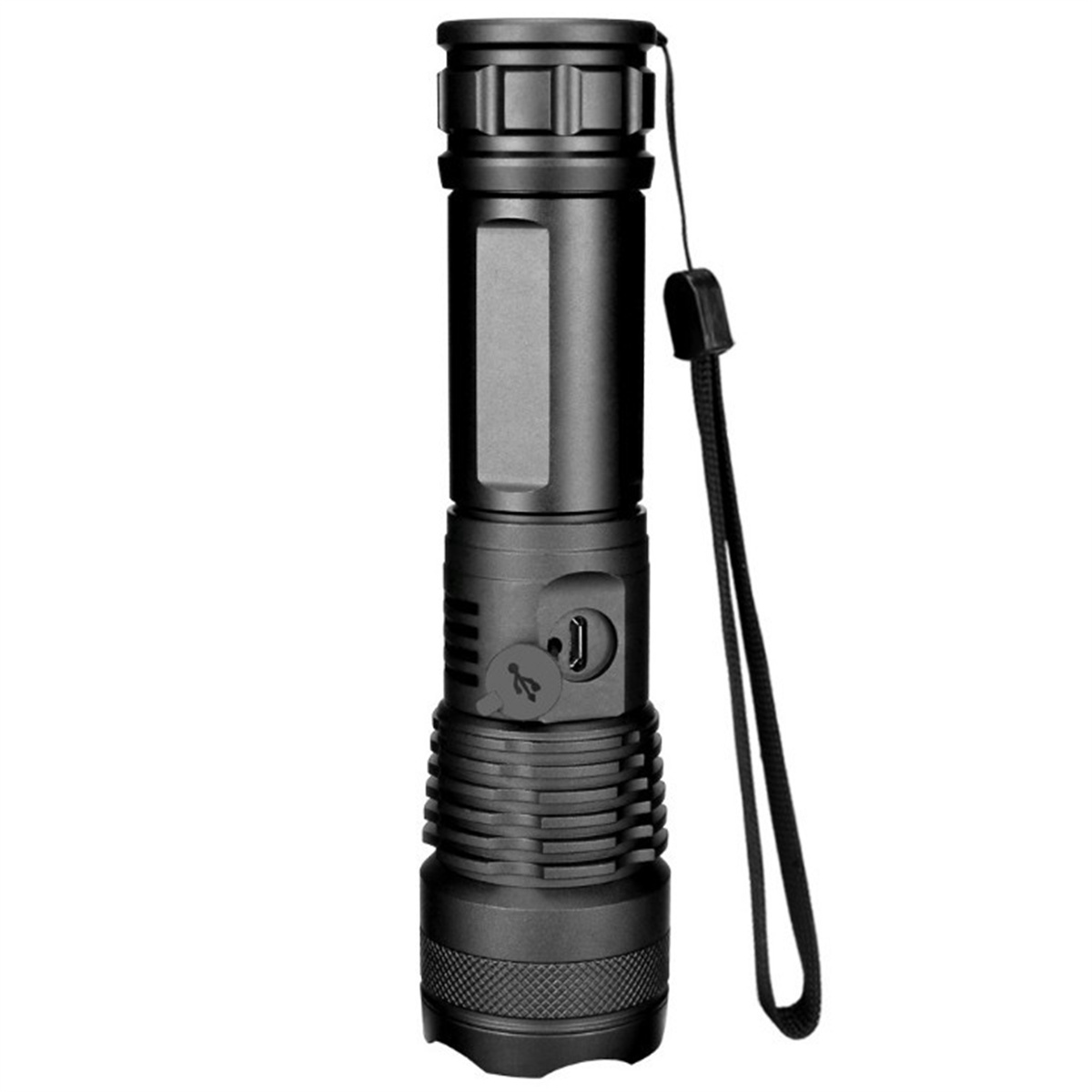 Schwarze Taschenlampe mit Handschlaufe. USB-Anschluss sichtbar.