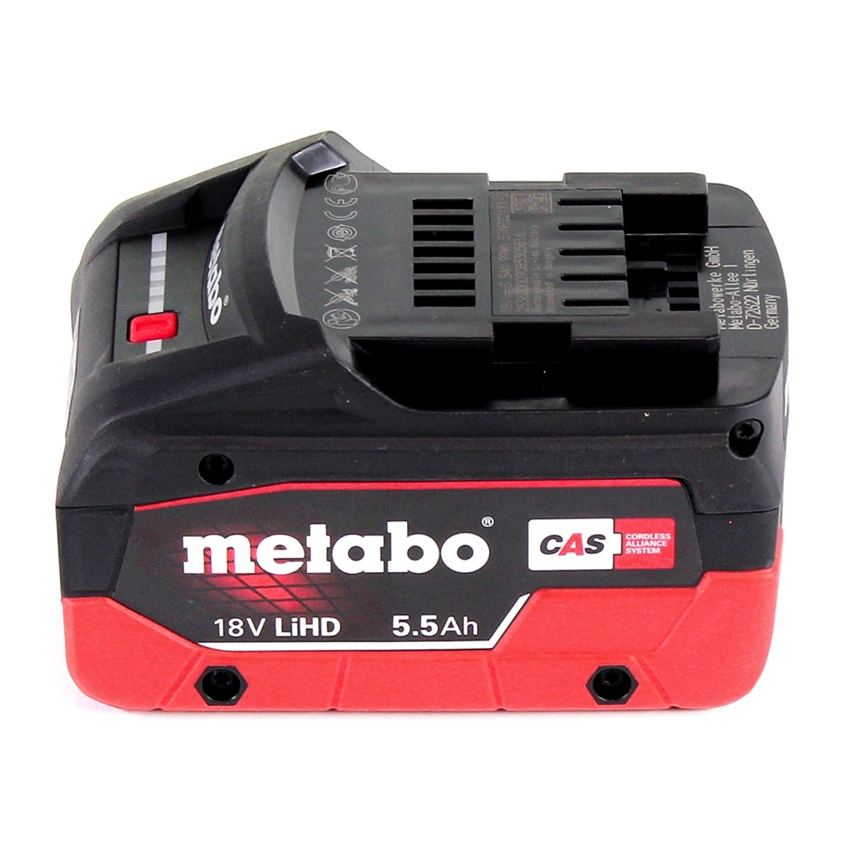 Eine schwarz-rote Metabo 18V LiHD 5.5Ah Batterie.