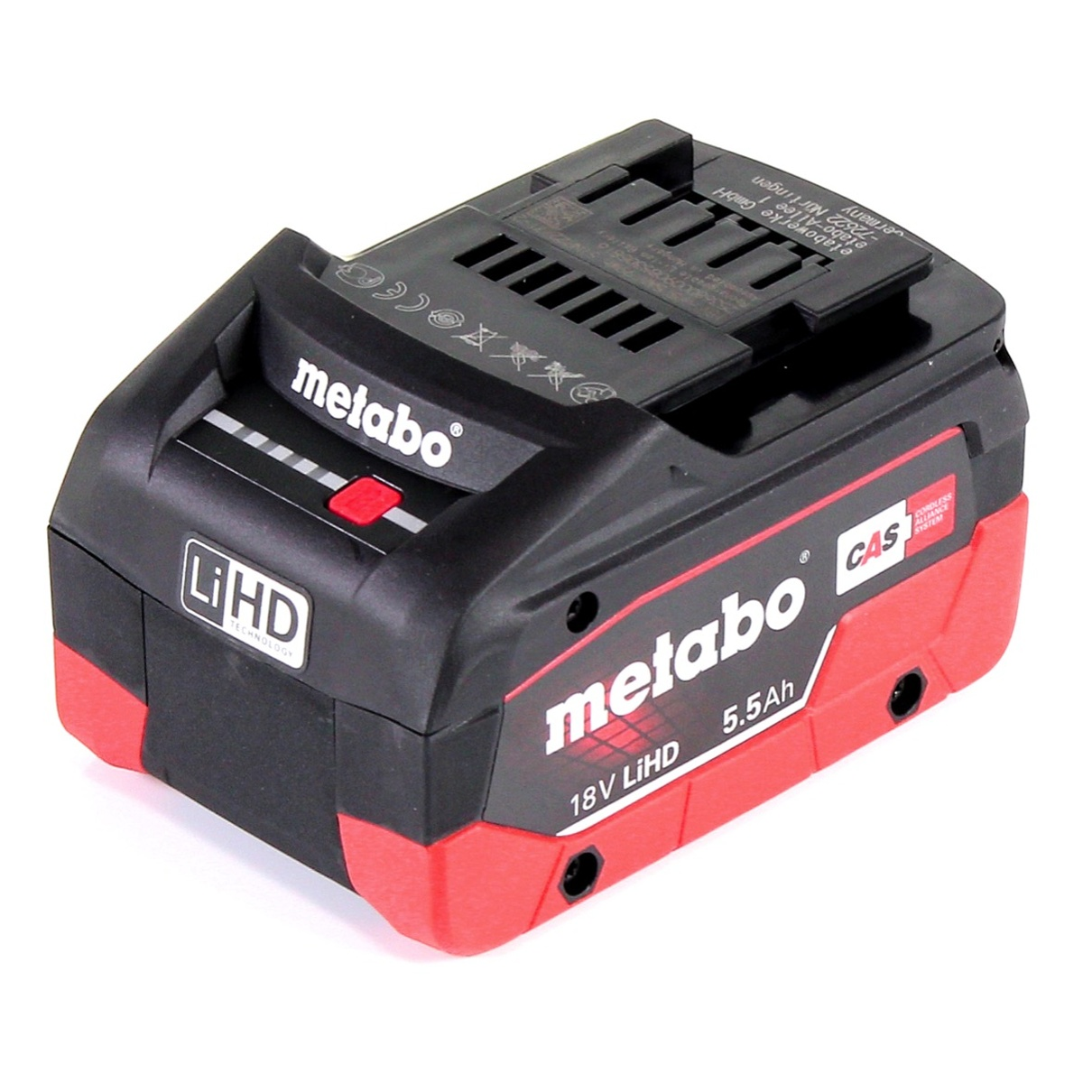 Ein schwarzer und roter Metabo 18V LiHD 5.5Ah Akku für ein Elektrowerkzeug.