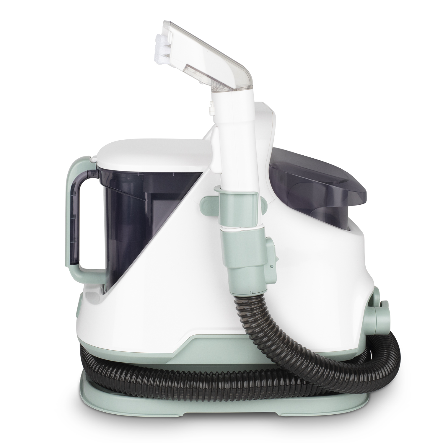 Viene mostrato un dispositivo di pulizia bianco e verde acqua con un tubo flessibile e un ugello.