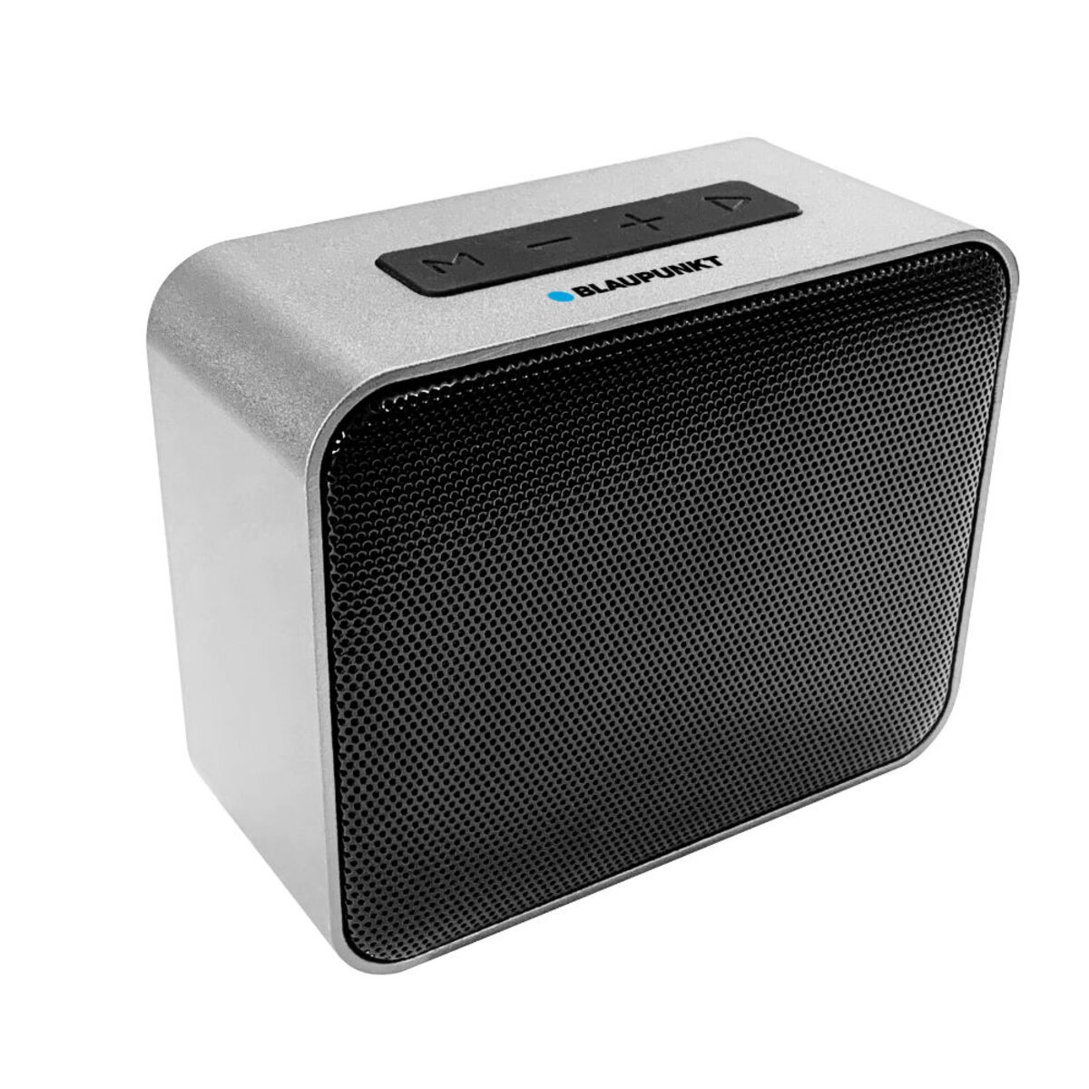 Altavoz Bluetooth Blaupunkt plateado con rejilla de malla negra. Botones en la parte superior.