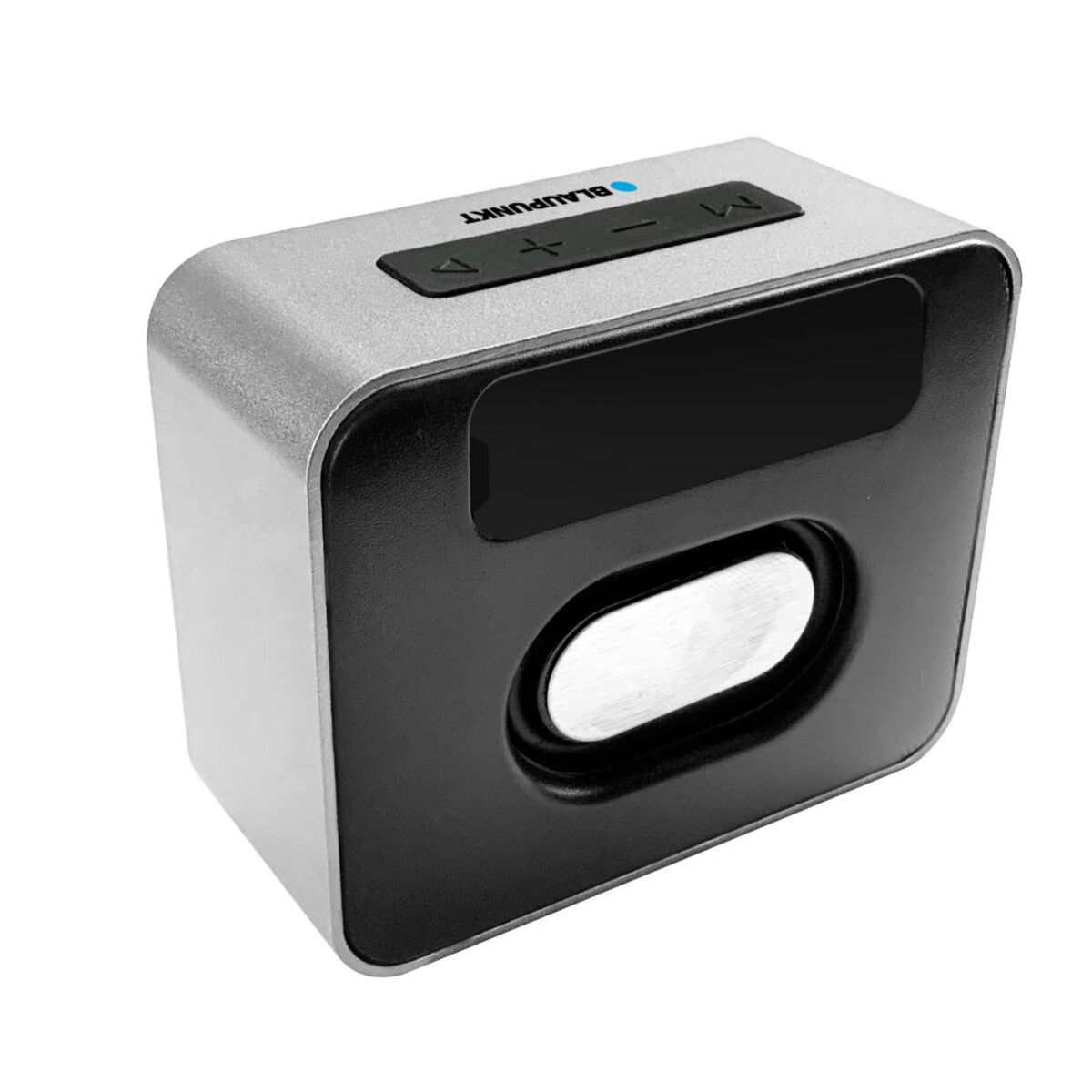 Altavoz Bluetooth Blaupunkt, plateado y negro. Tiene botones y un altavoz.