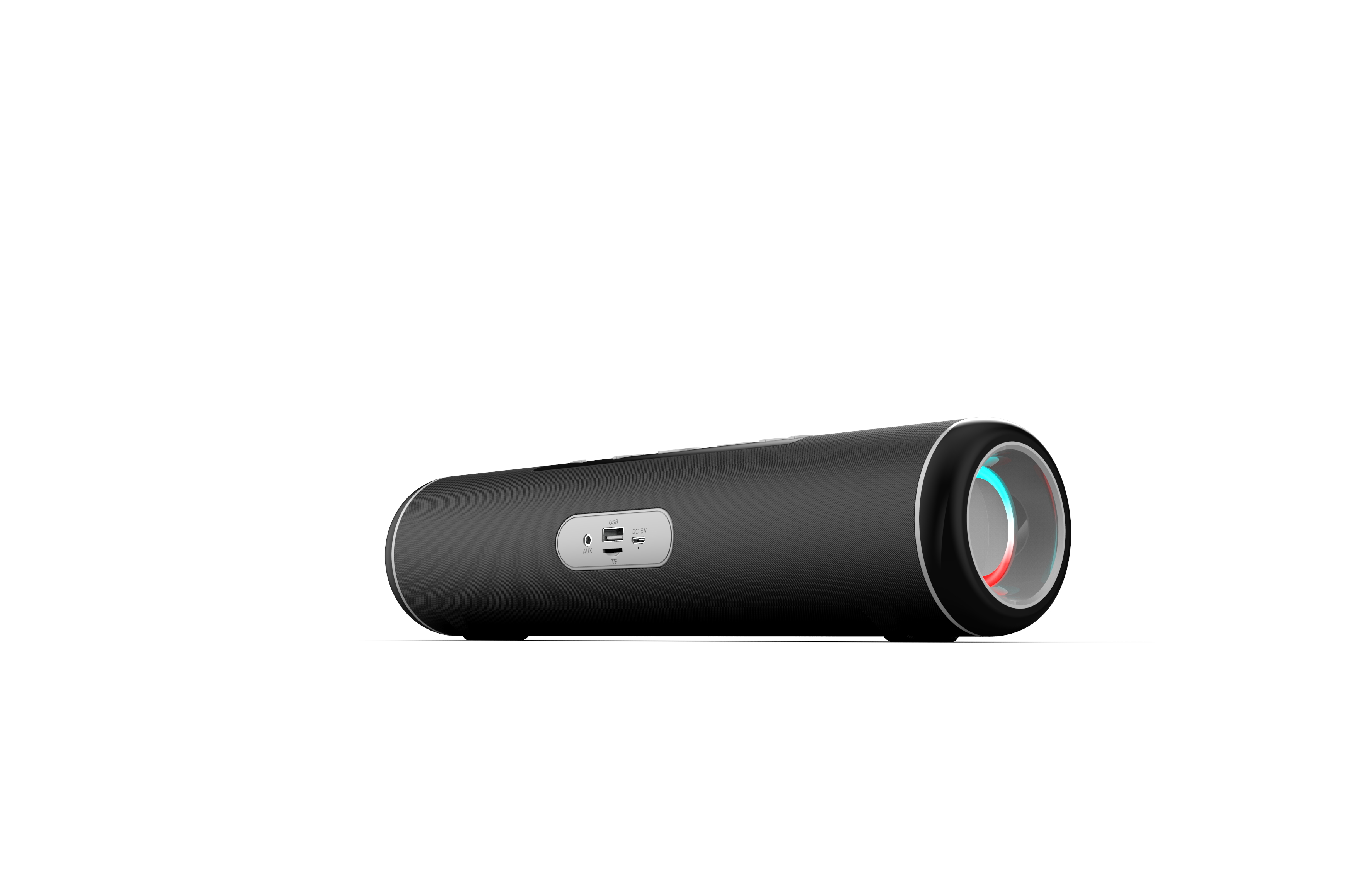 Altavoz cilíndrico negro con anillos de luz de colores en los extremos, sobre fondo blanco.