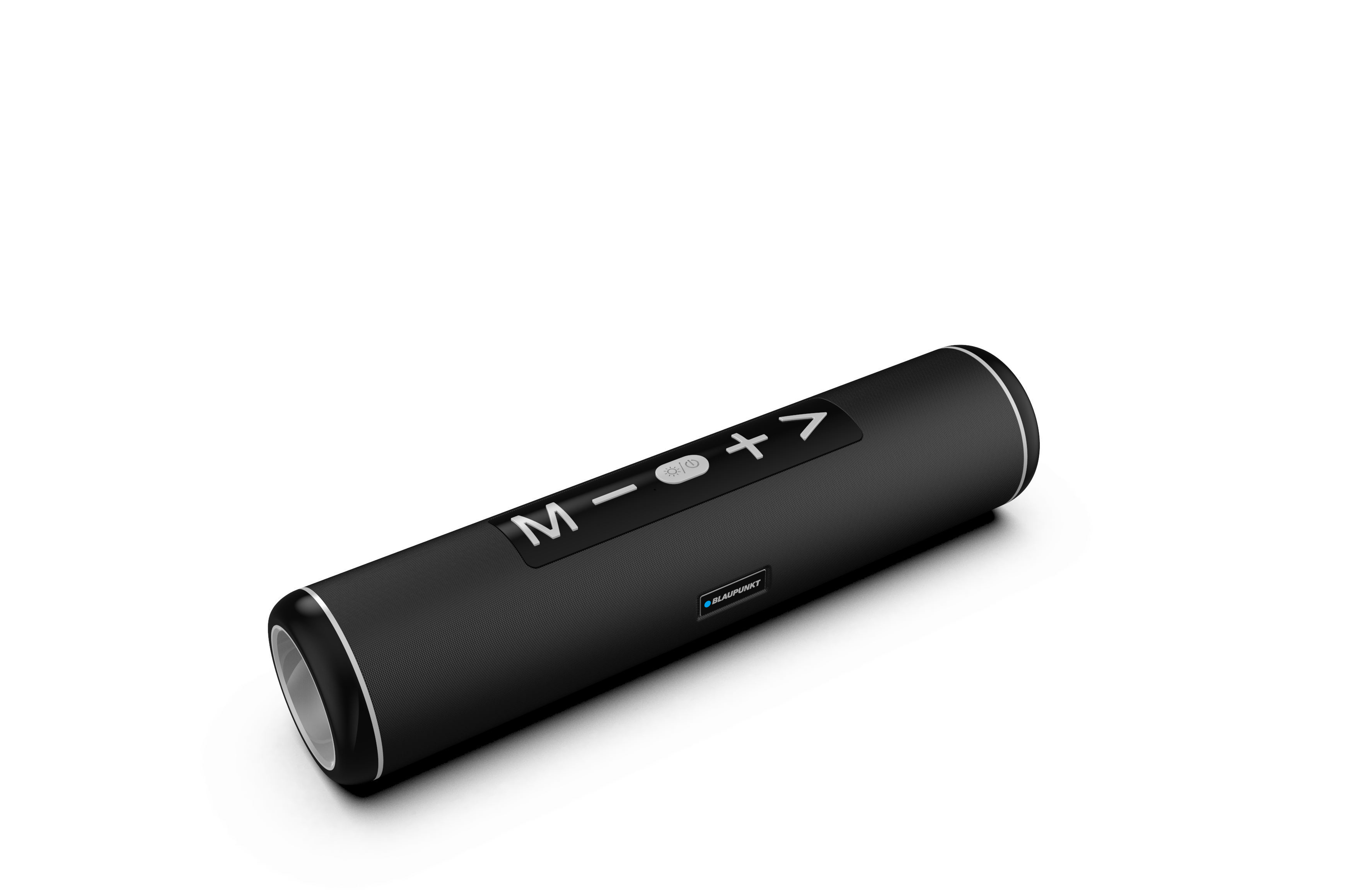 Un altavoz cilíndrico negro. Tiene botones de control y el logotipo de Blaupunkt.