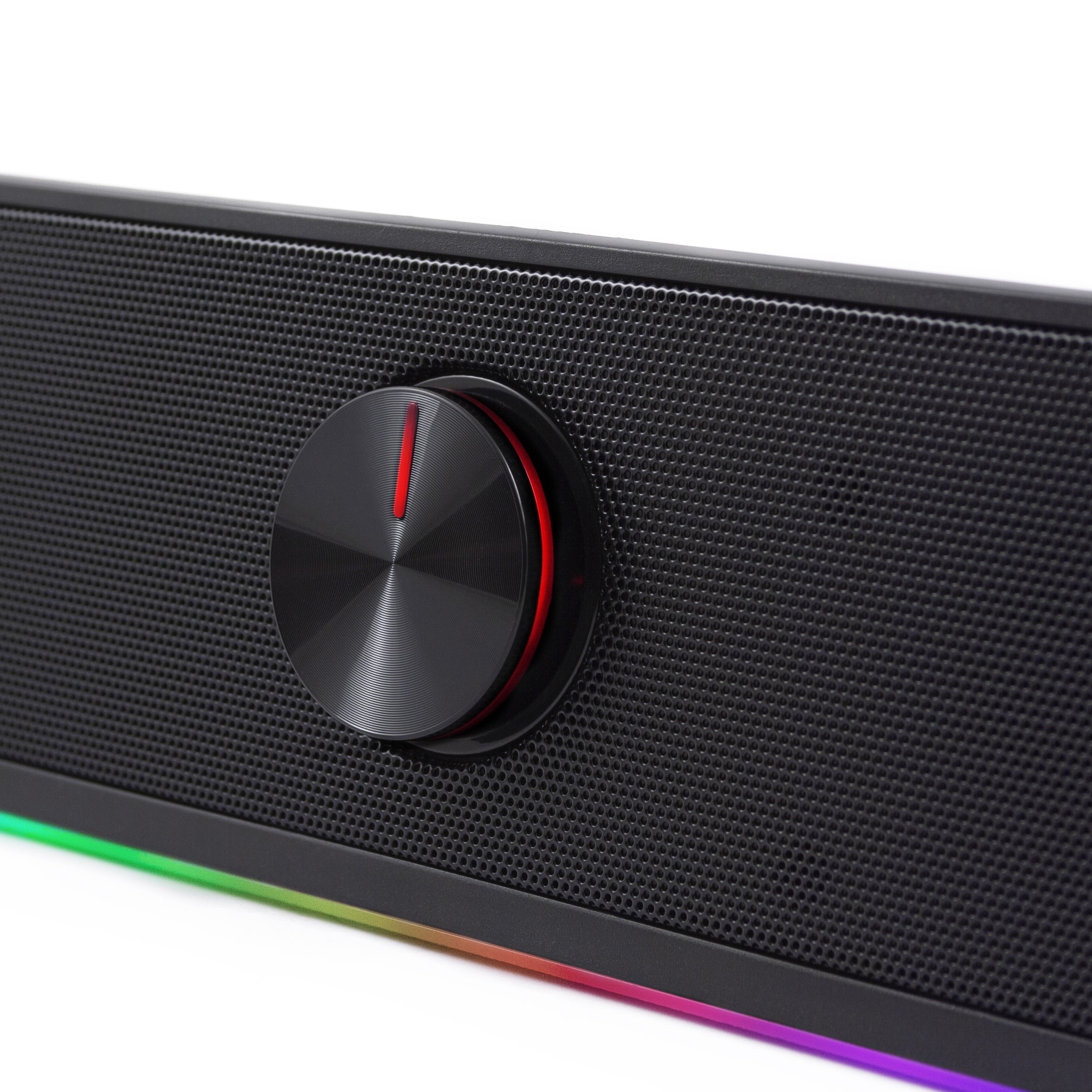 Schwarze Soundbar mit Lautstärkeregler, rotem Ring. RGB-Lichter unten.