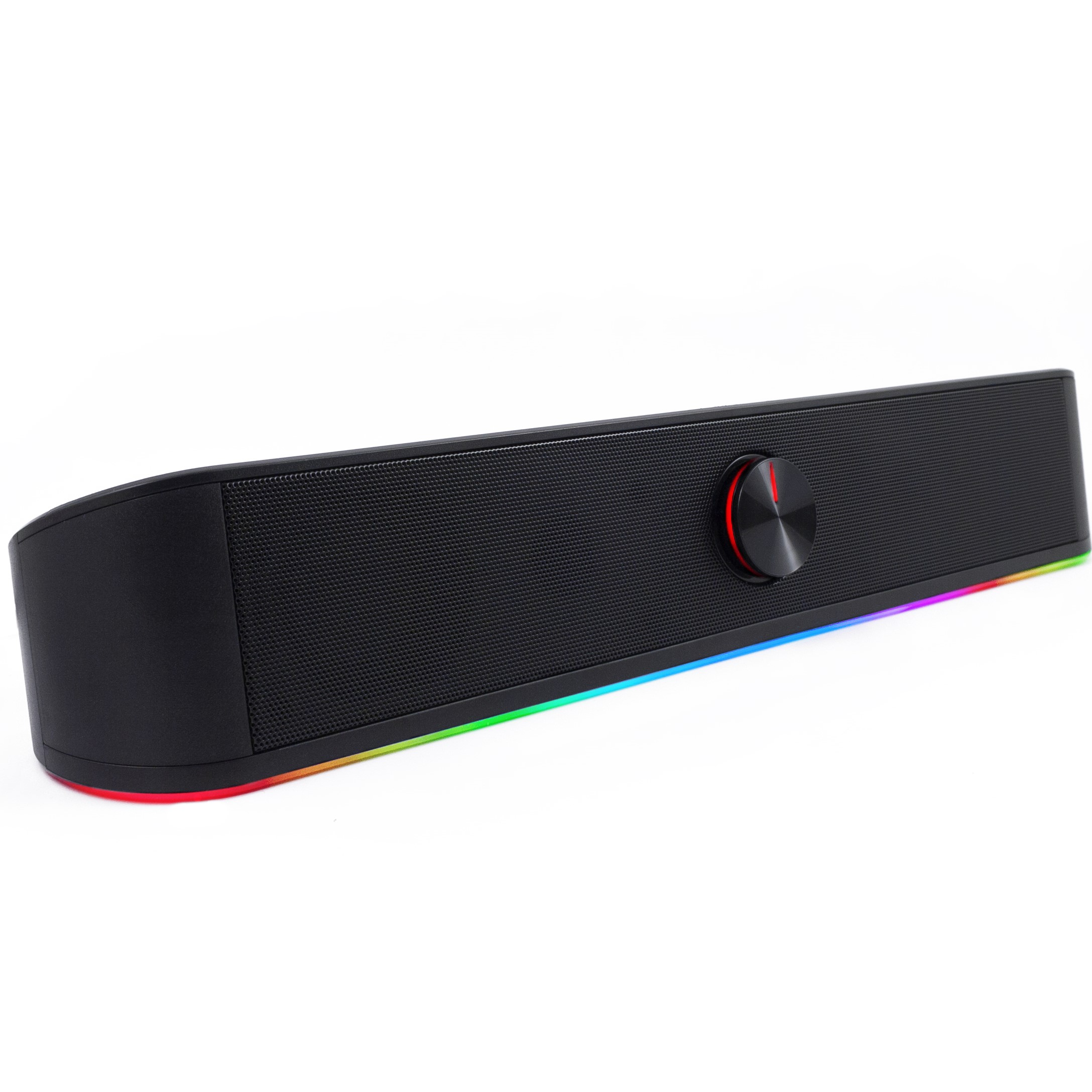 Schwarze Soundbar mit rotem Lautstärkeregler und farbigem Lichtstreifen. Auf weißer Fläche.