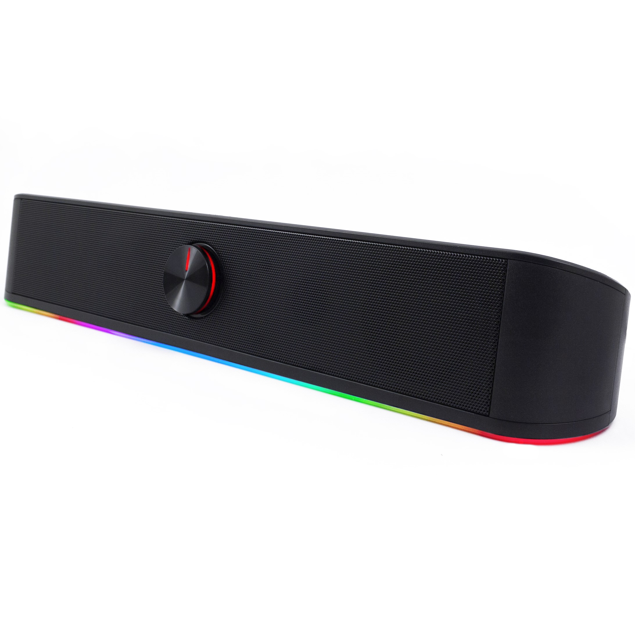 Schwarze Soundbar mit Lautstärkeregler. Sie hat einen farbenfrohen LED-Streifen an der Unterkante.