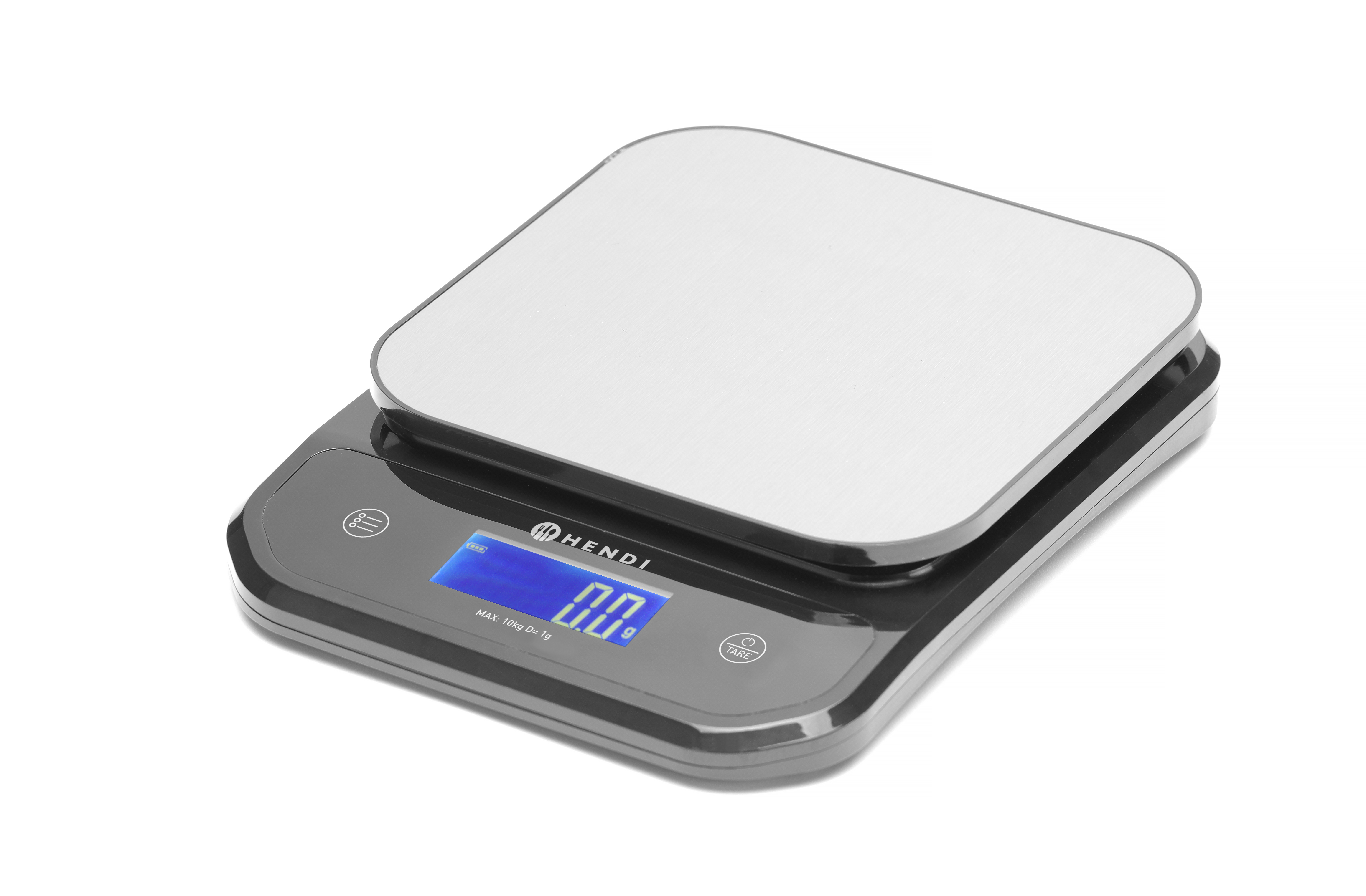 Digitale Küchenwaage, die 0,0g anzeigt. Die Waage ist grau und weiß.