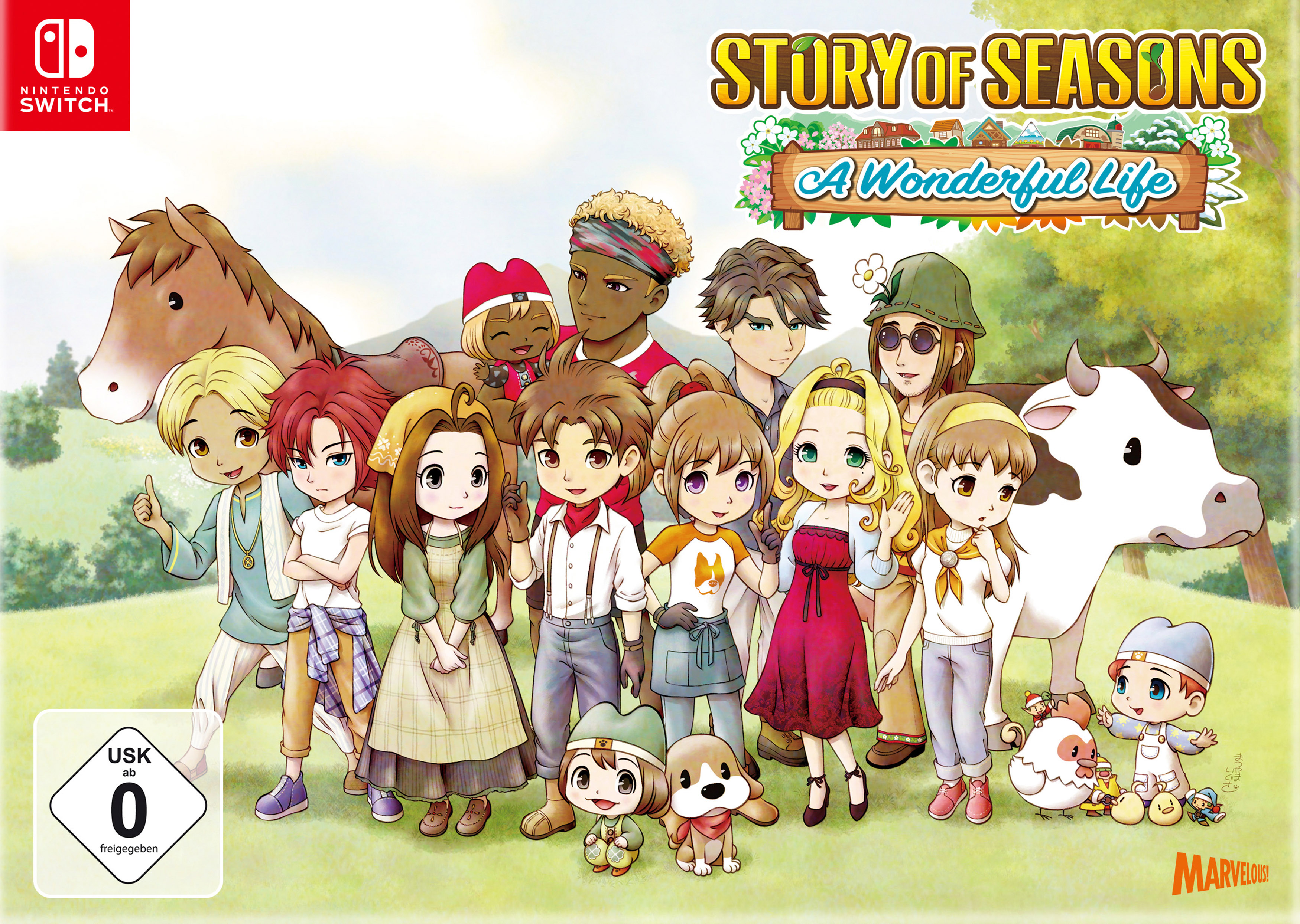 Das Cover von 'Story of Seasons: A Wonderful Life' für Nintendo Switch. Gruppe von Cartoonfiguren auf einem Feld.