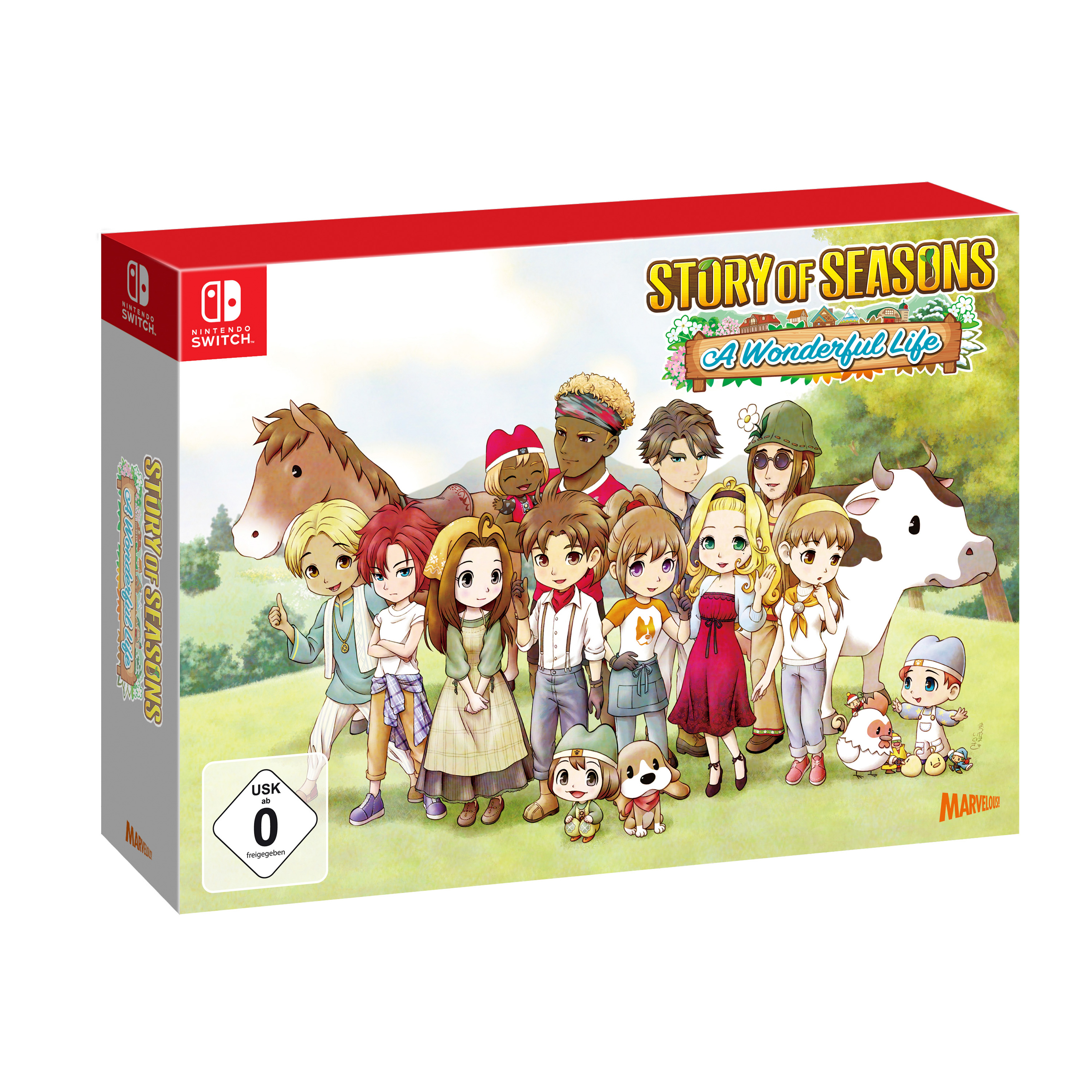 Eine Spielbox mit Charakteren aus 'Story of Seasons: A Wonderful Life'. Sie zeigt das Spielcover.