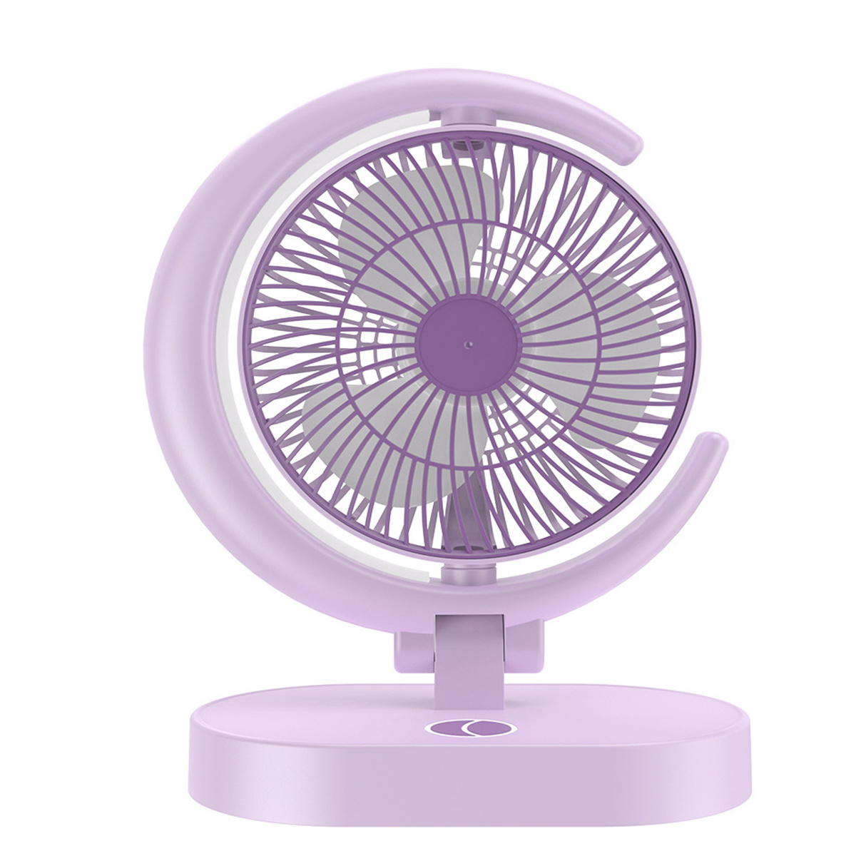 Ein lila Ventilator in Form eines Halbmonds. Weißer Hintergrund.