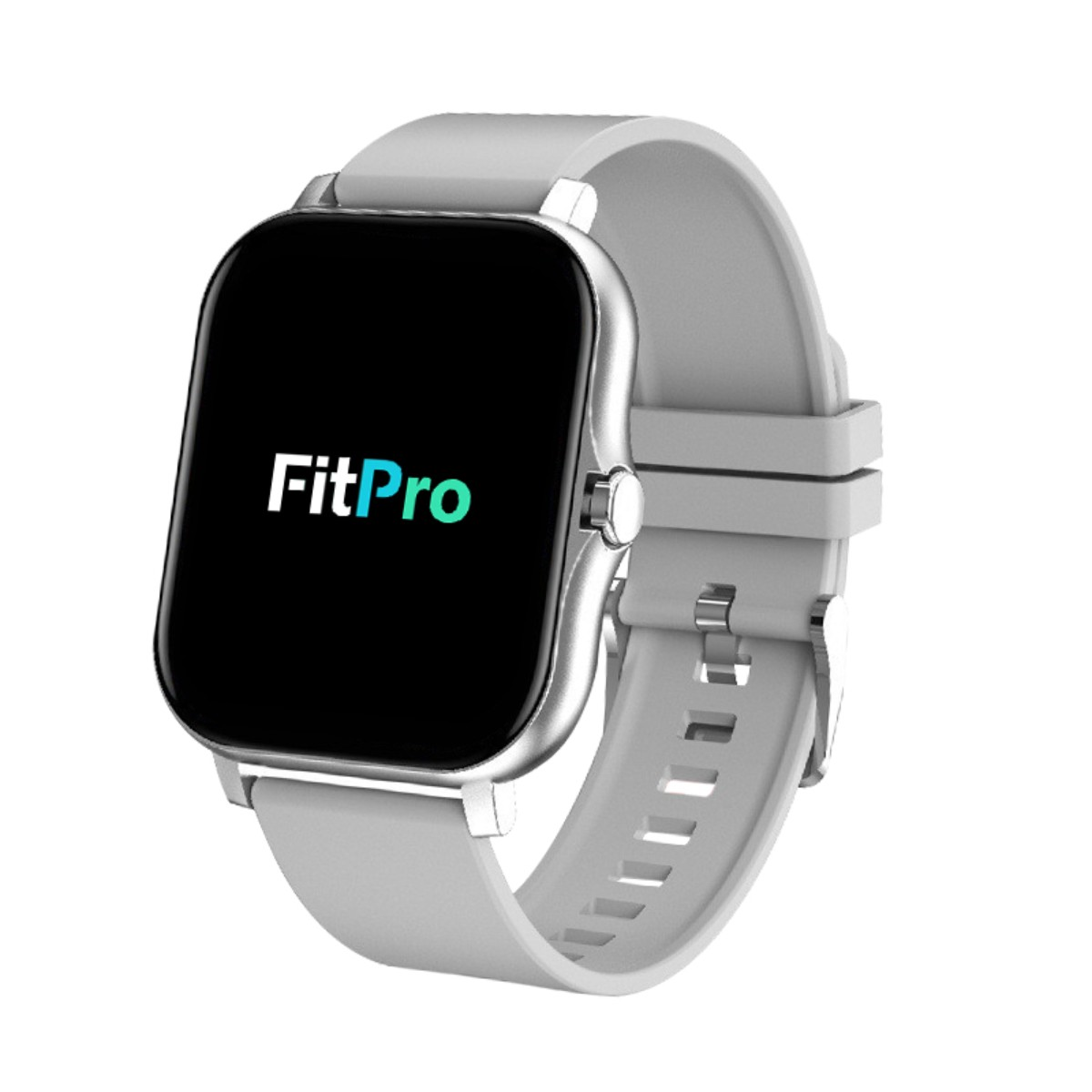 Graue FitPro Smartwatch mit schwarzem Bildschirm. Graues Armband. Weißer Hintergrund.