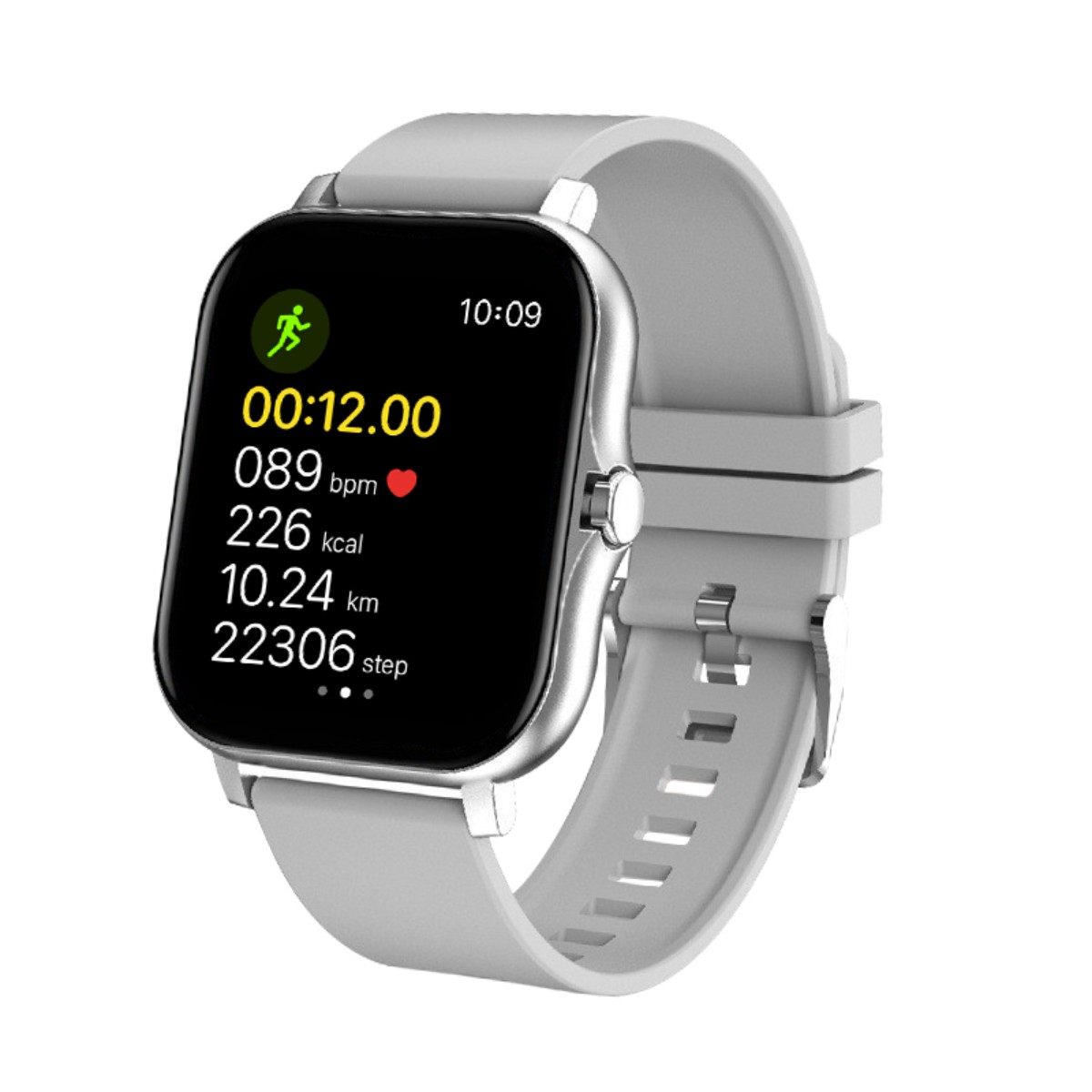 Smartwatch mit Fitnessdaten: Zeit, Herzfrequenz, Kalorien, Distanz und Schritte.