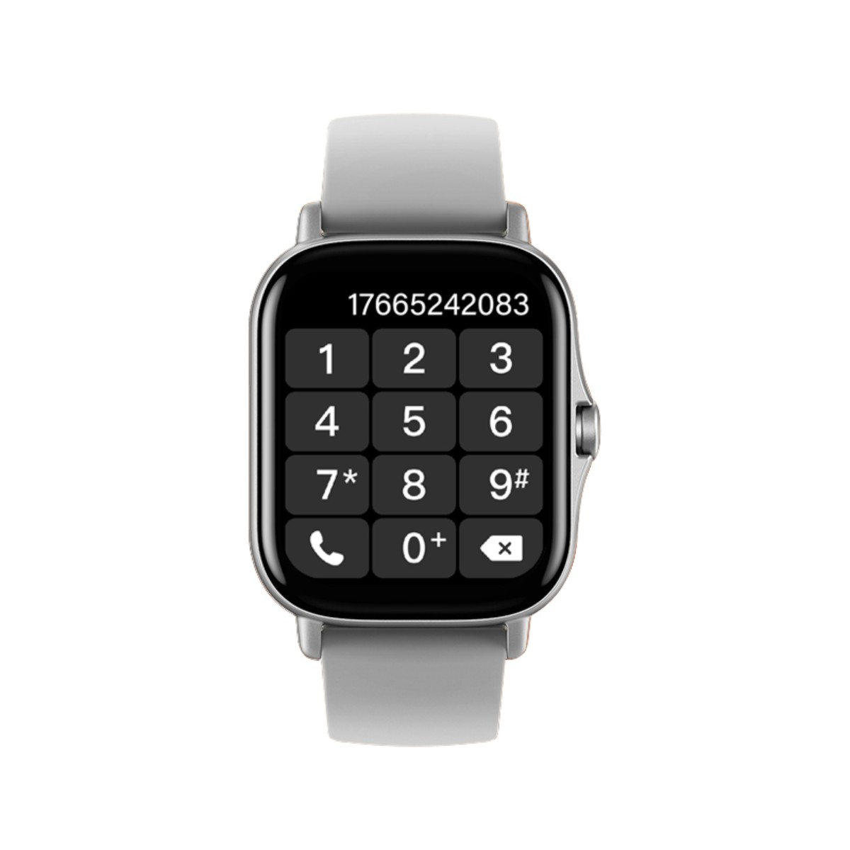 Smartwatch mit Zifferblatt, das Zahlen und ein Telefonsymbol zeigt, auf weißem Hintergrund.