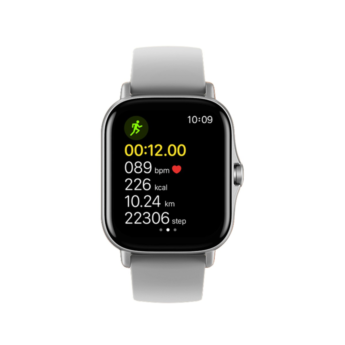 Eine Smartwatch, die Zeit, Schritte, Herzfrequenz und verbrannte Kalorien anzeigt. Das Armband ist grau.