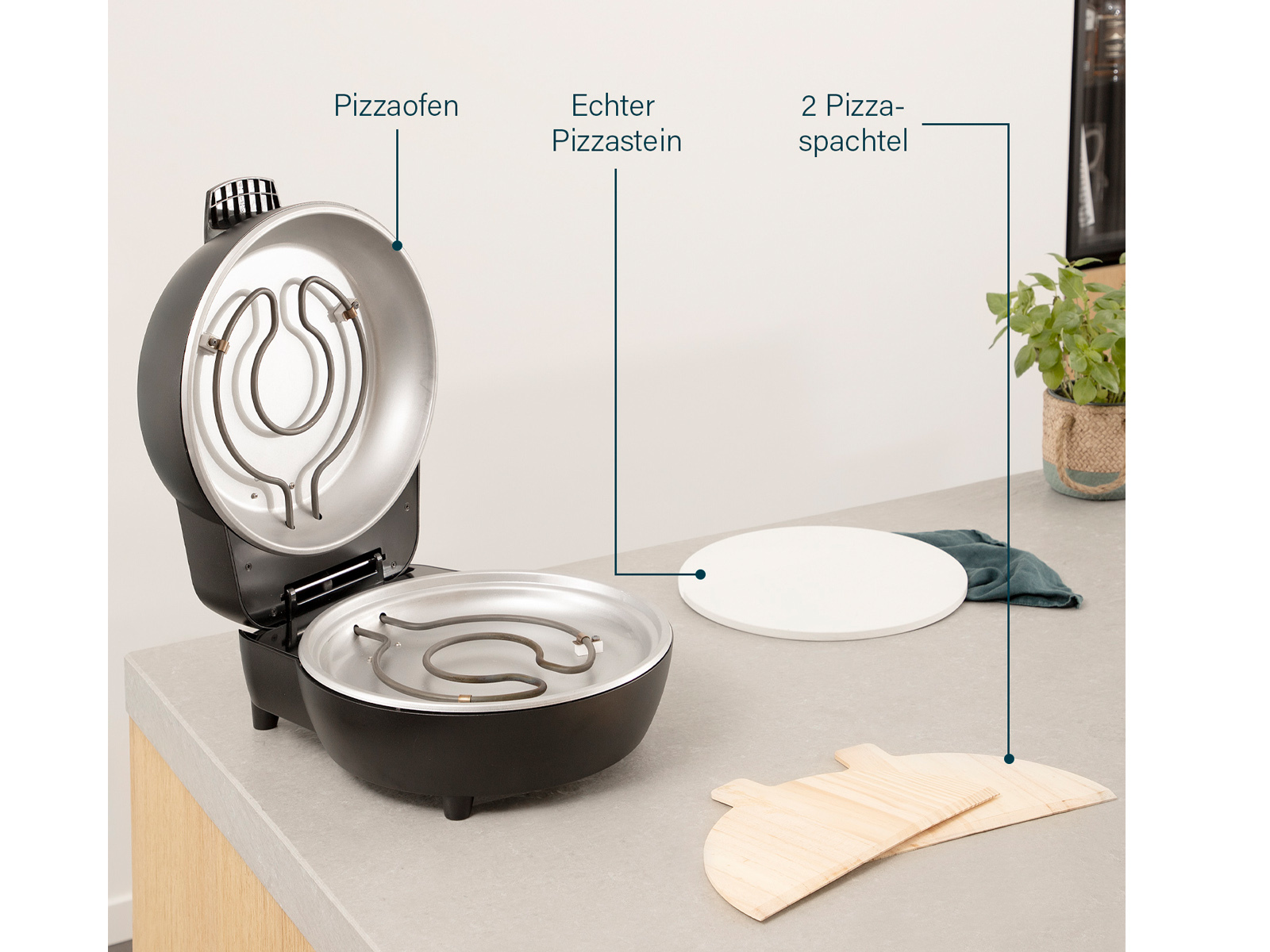 Horno de pizza con partes etiquetadas: horno, piedra para pizza y 2 espátulas para pizza.
