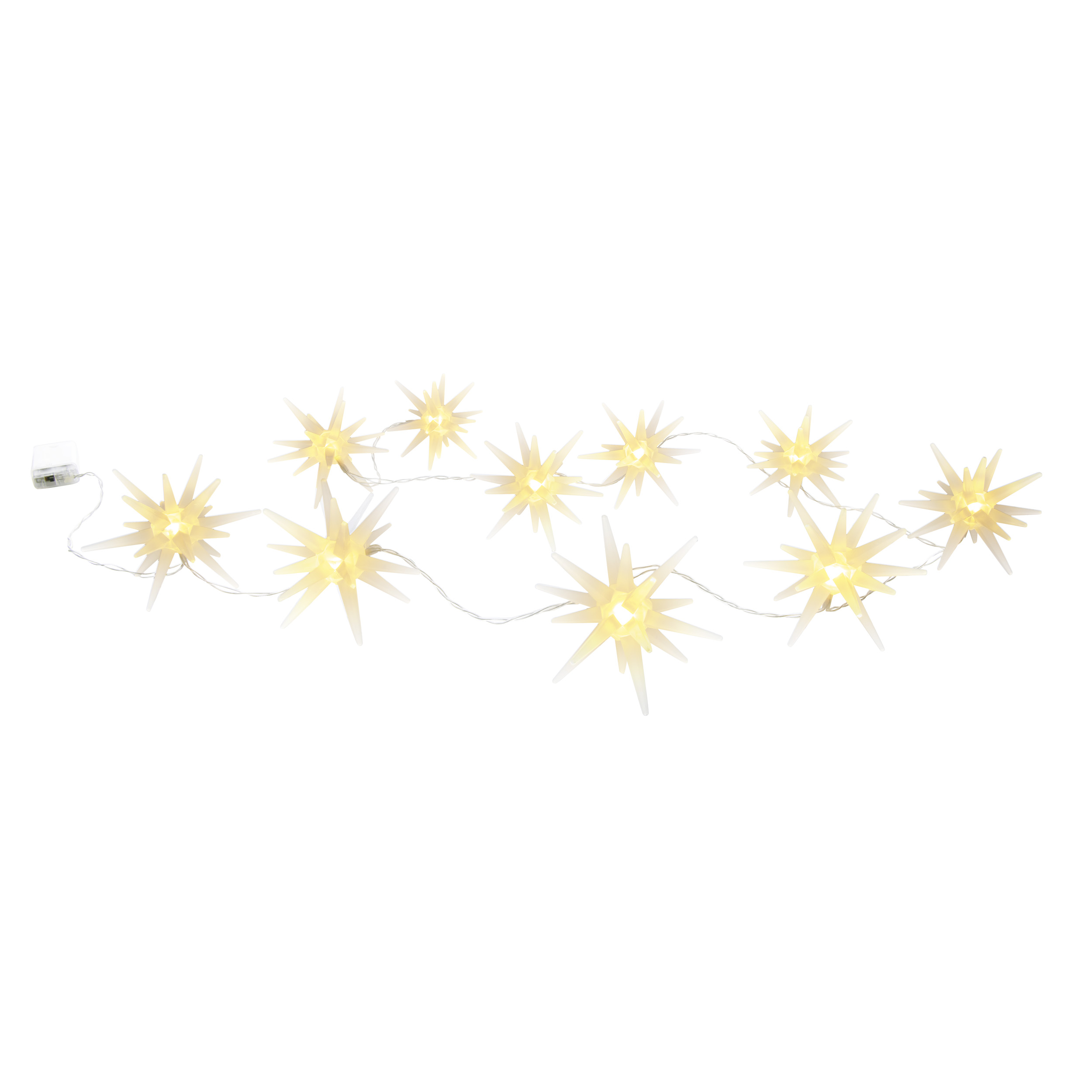Lichterkette mit sternförmigen Lichtern auf weißem Hintergrund. Die Lichter sind gelb.