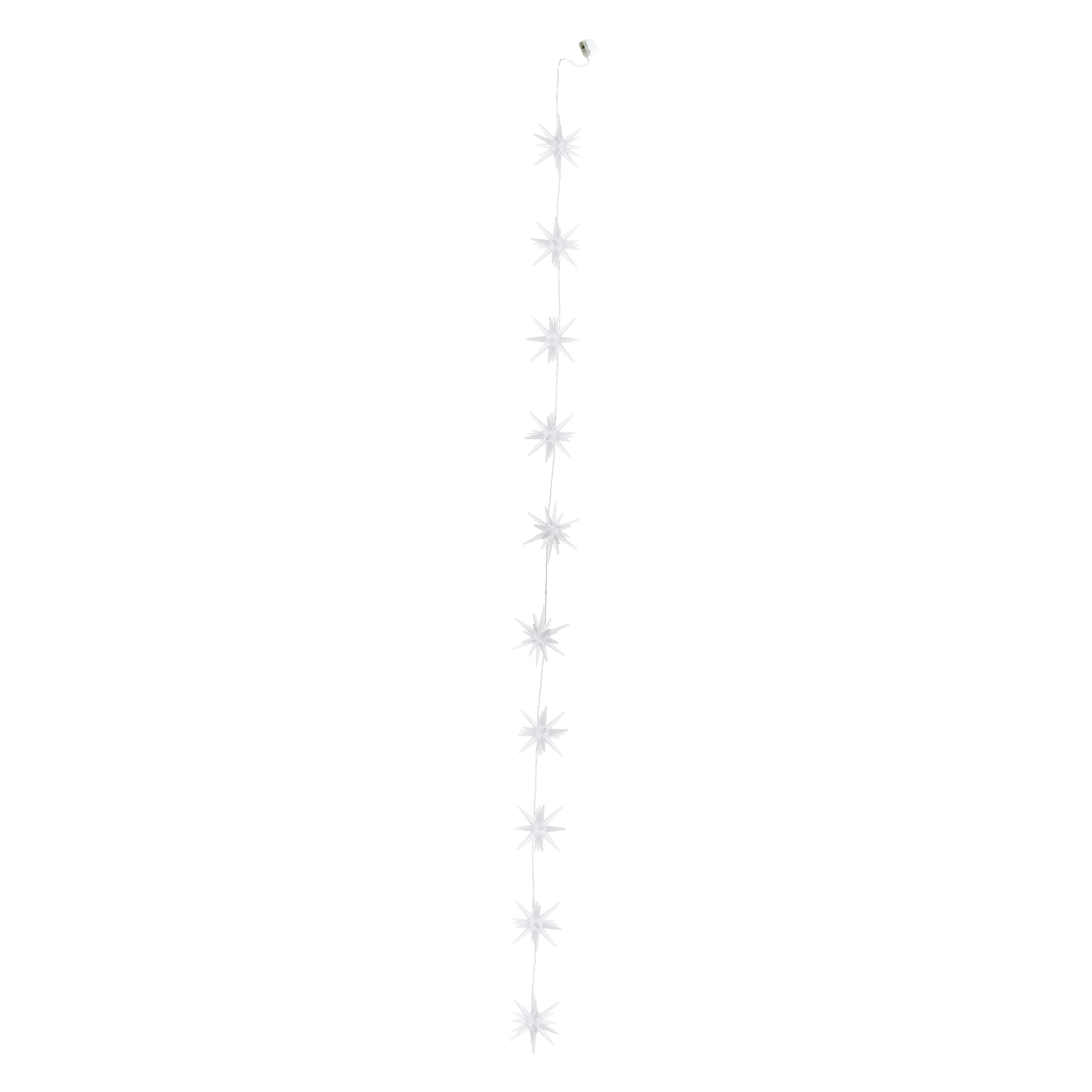 Lichterkette aus weißen sternförmigen Lichtern, die an einem weißen Hintergrund hängen.