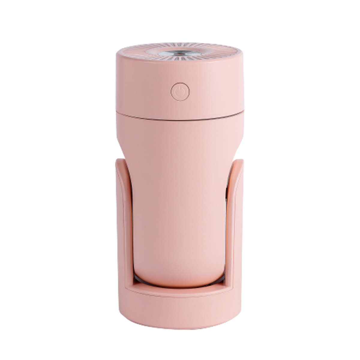 Ein rosa Luftbefeuchter mit zylindrischem Sockel und rundem Deckel.