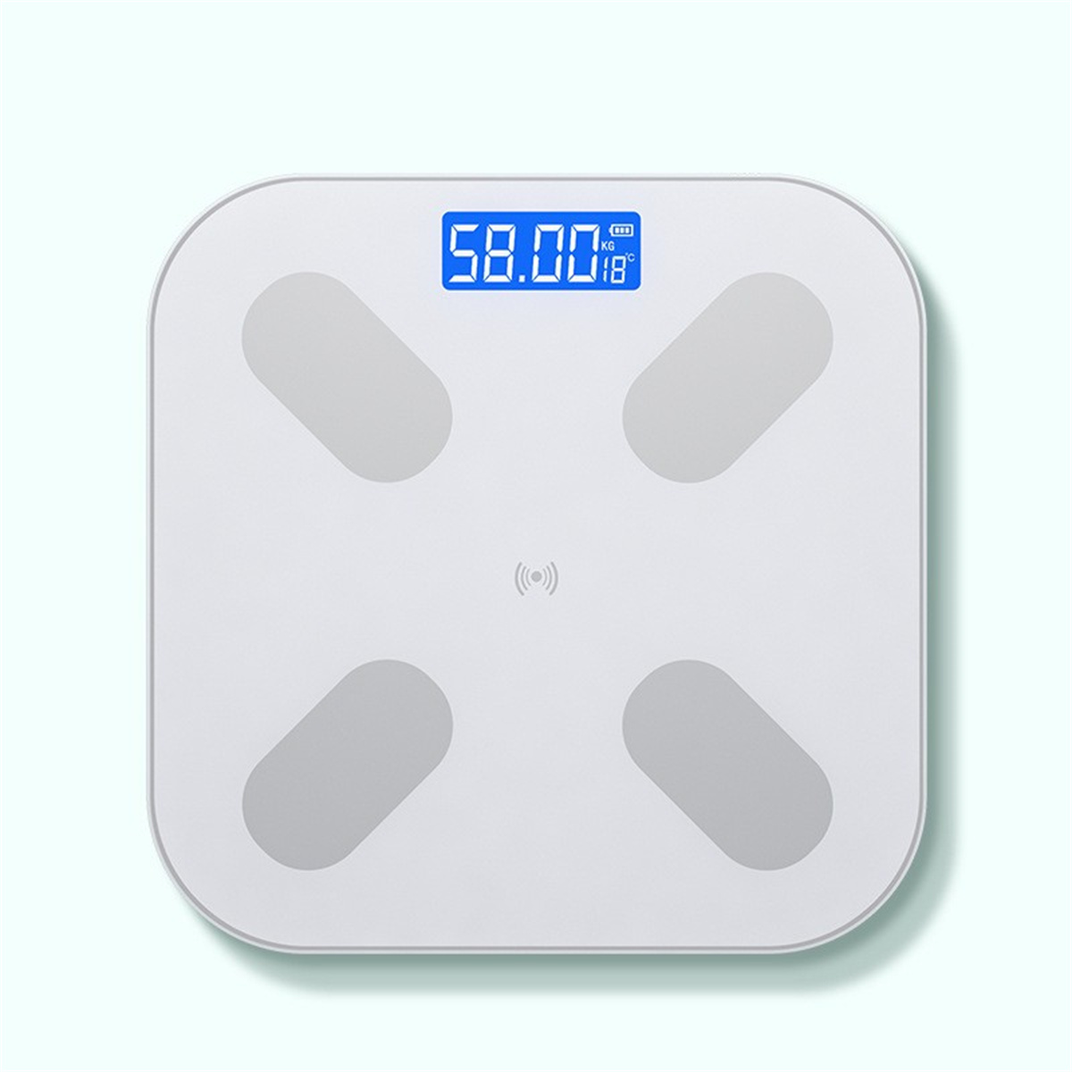 Weiße Digitalwaage mit Anzeige 58.00, vier ovalen Pads und blauem Digitaldisplay.