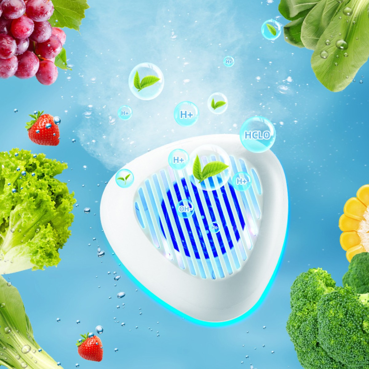 Weißes Gerät mit blauem Licht, umgeben von Gemüse und Obst.