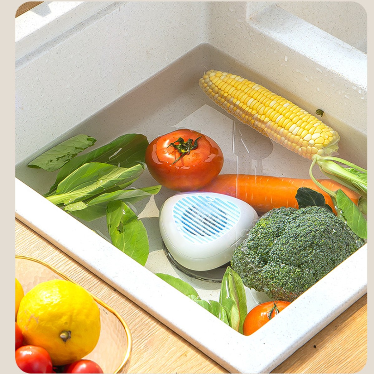 Ein Waschbecken gefüllt mit Gemüse, darunter Mais, Tomaten, Brokkoli und eine Zitrone.