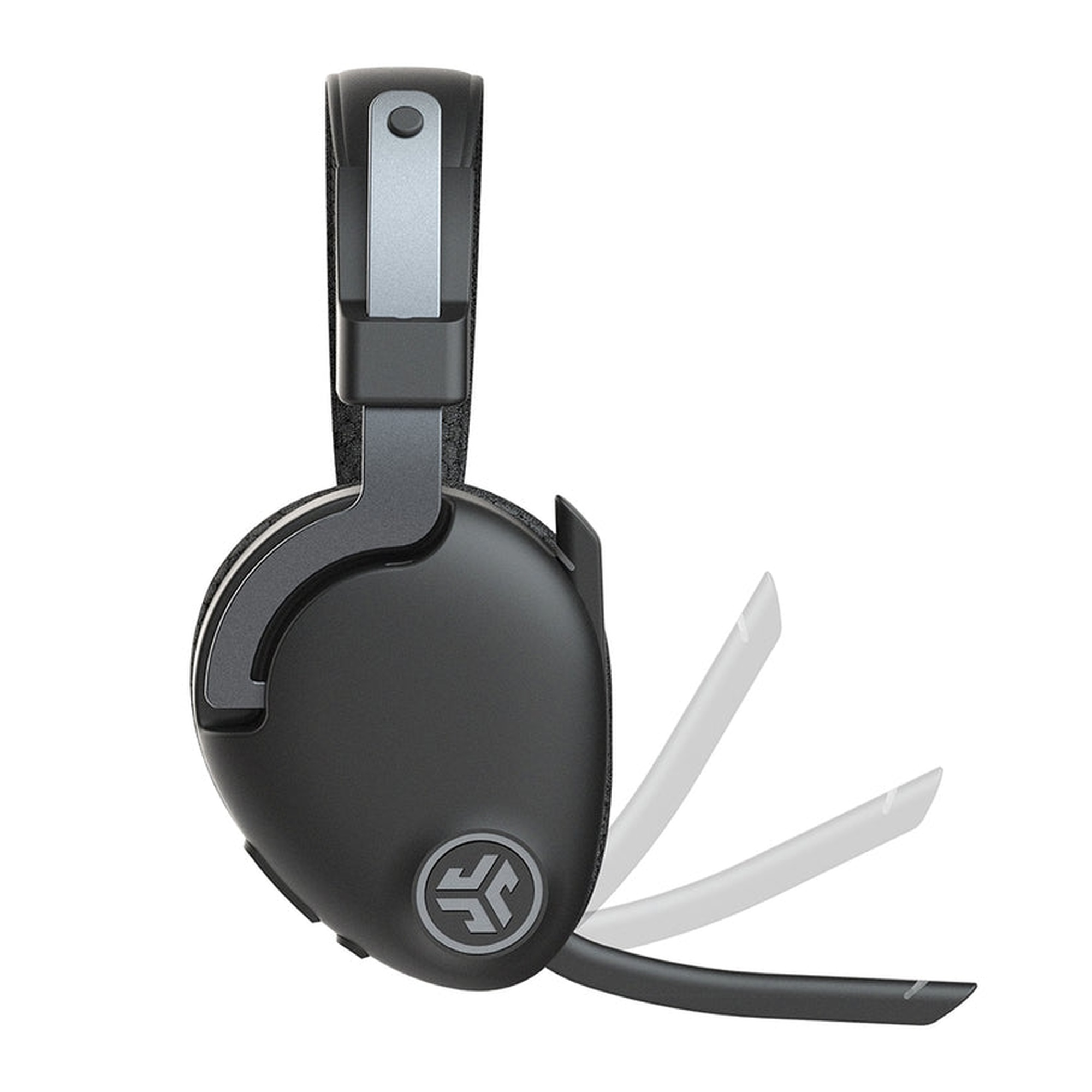 Ein schwarzes und graues Gaming-Headset mit Mikrofon. Das Mikrofon ist verstellbar.