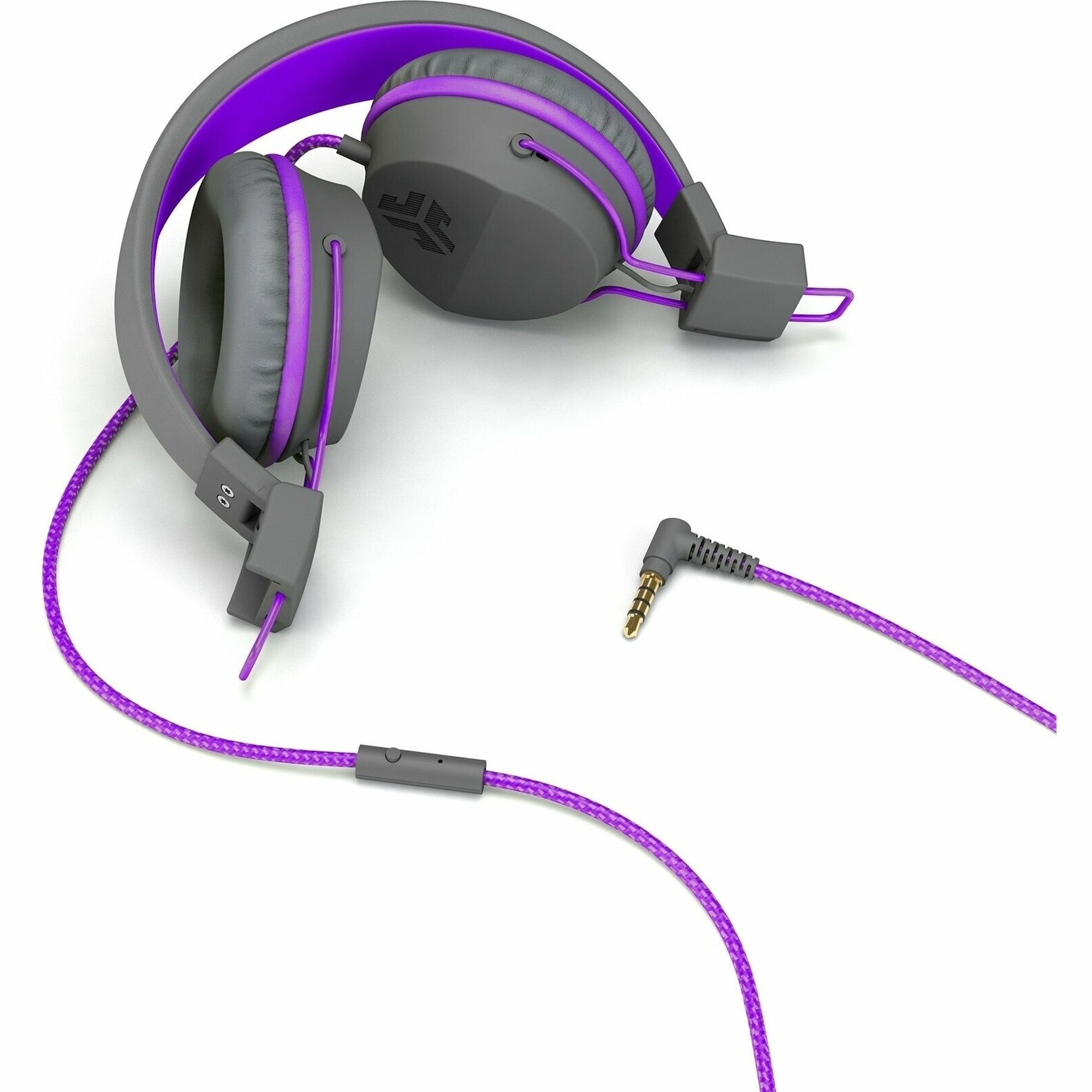 Szare słuchawki z fioletowymi akcentami i fioletowym kablem. Kabel jest odłączony.