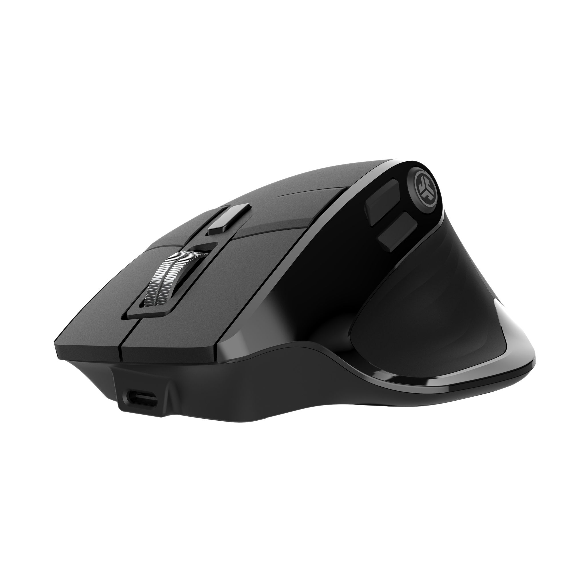 Schwarze ergonomische Maus mit Scrollrad und Tasten. Weißer Hintergrund.