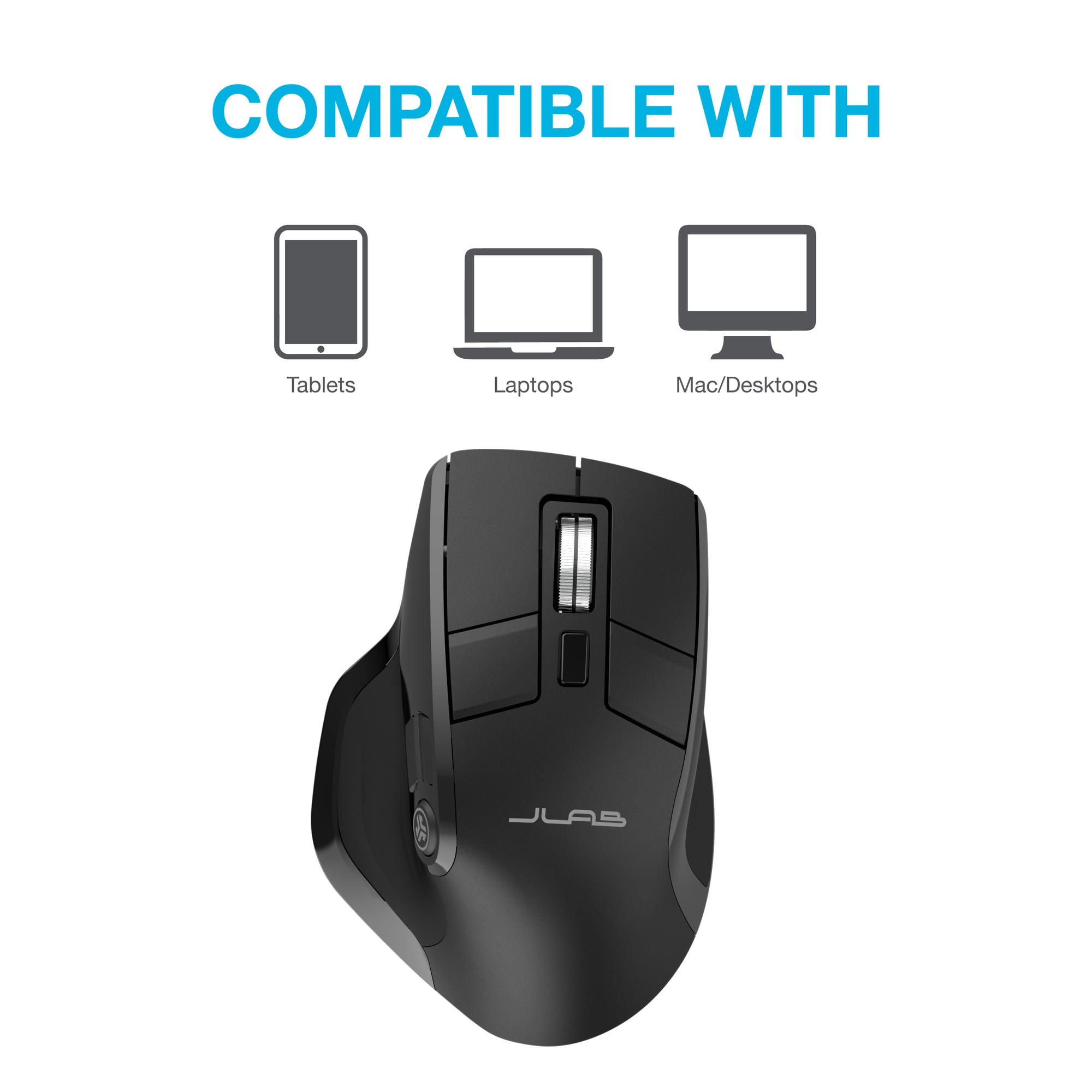 Schwarze ergonomische Maus mit Logo, kompatibel mit Tablets, Laptops und Desktops.