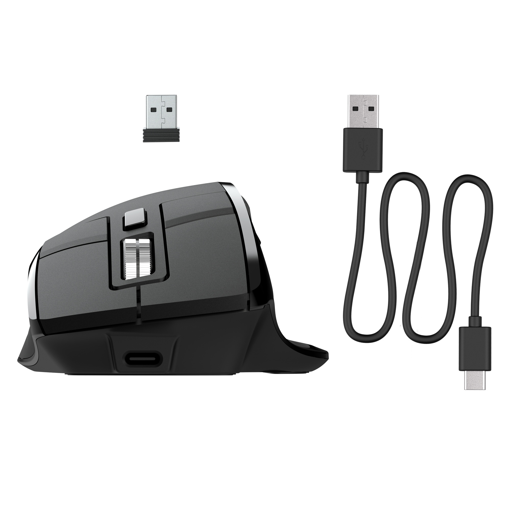 Schwarze kabellose Maus, USB-Empfänger und Ladekabel.