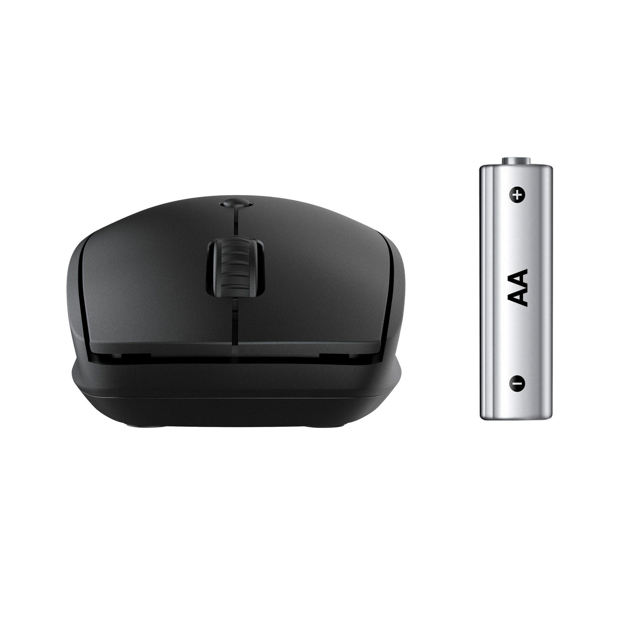 Czarna mysz komputerowa i srebrna bateria AA, umieszczone na białym tle.