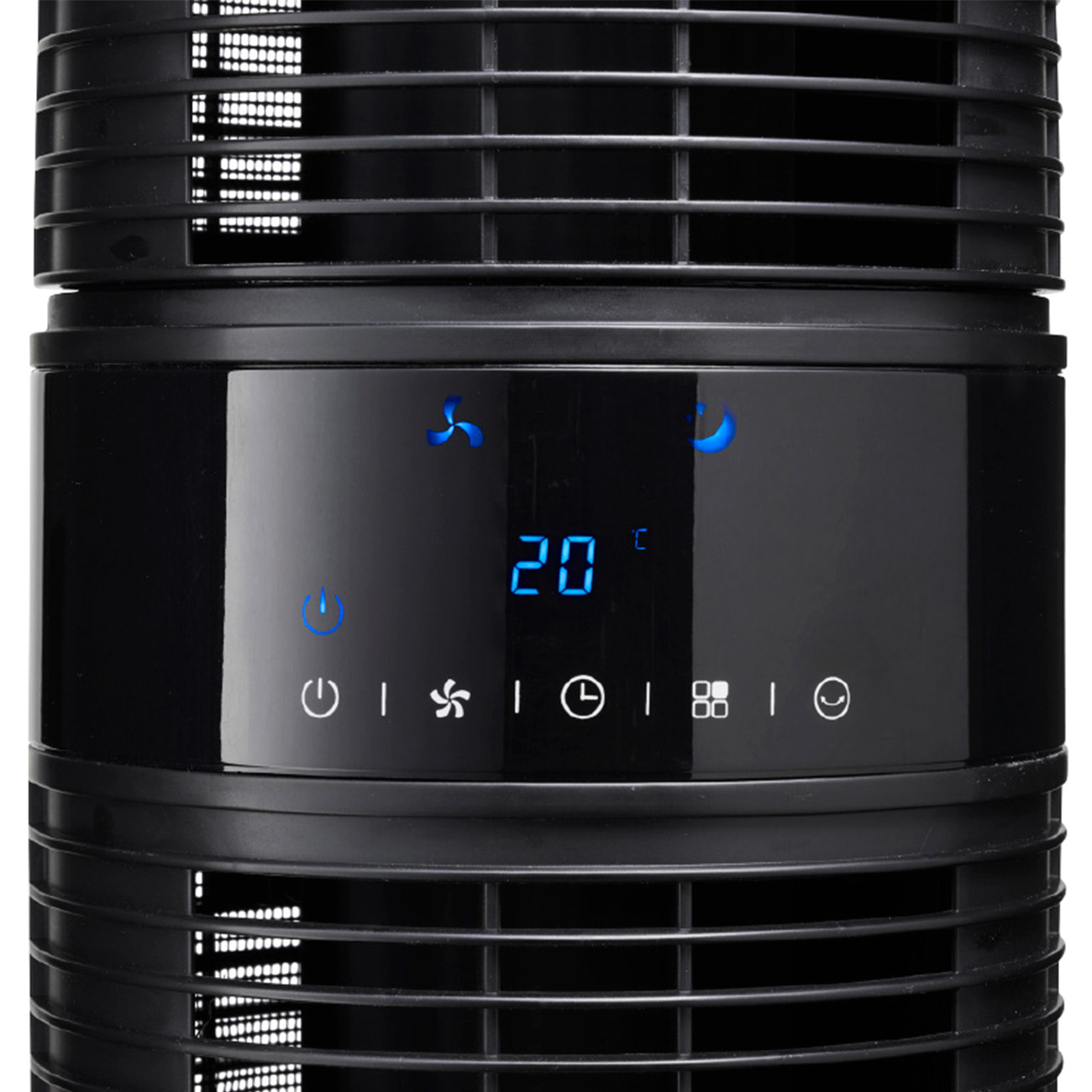 Nahaufnahme des Bedienfelds eines schwarzen Turmventilators. Zeigt: Leistung, Lüftergeschwindigkeit, Timer, Temperatur (20°C).