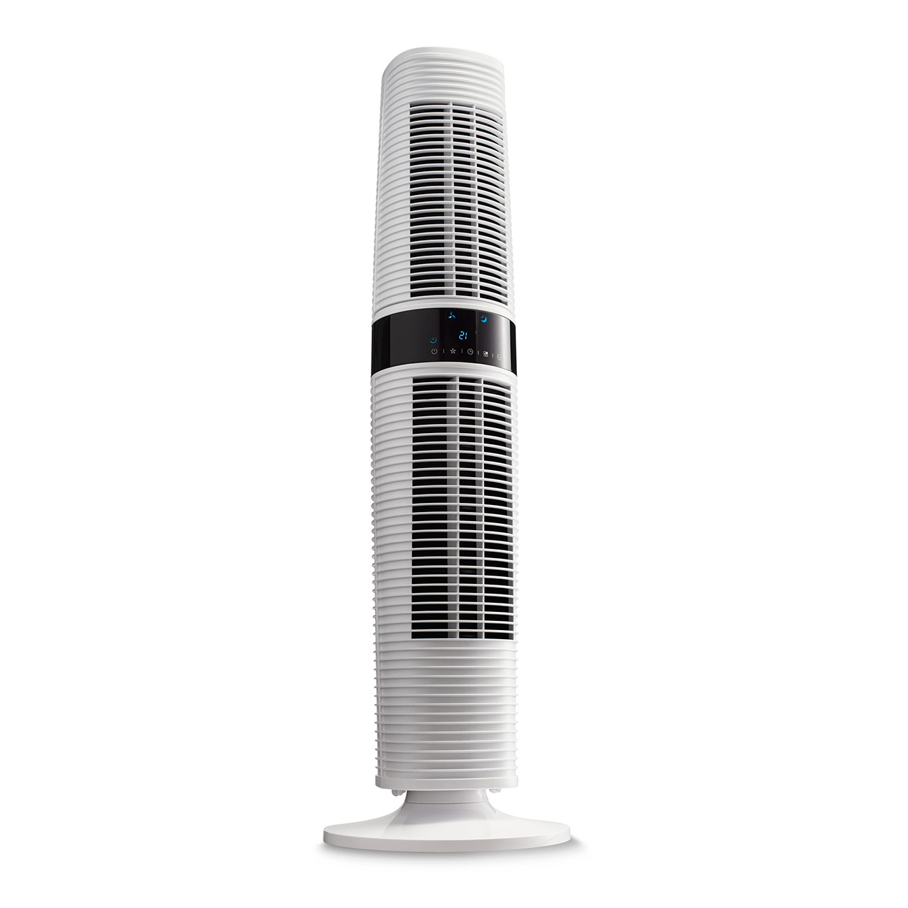 Un grand ventilateur tour blanc avec un panneau de contrôle noir. Il repose sur une base blanche.