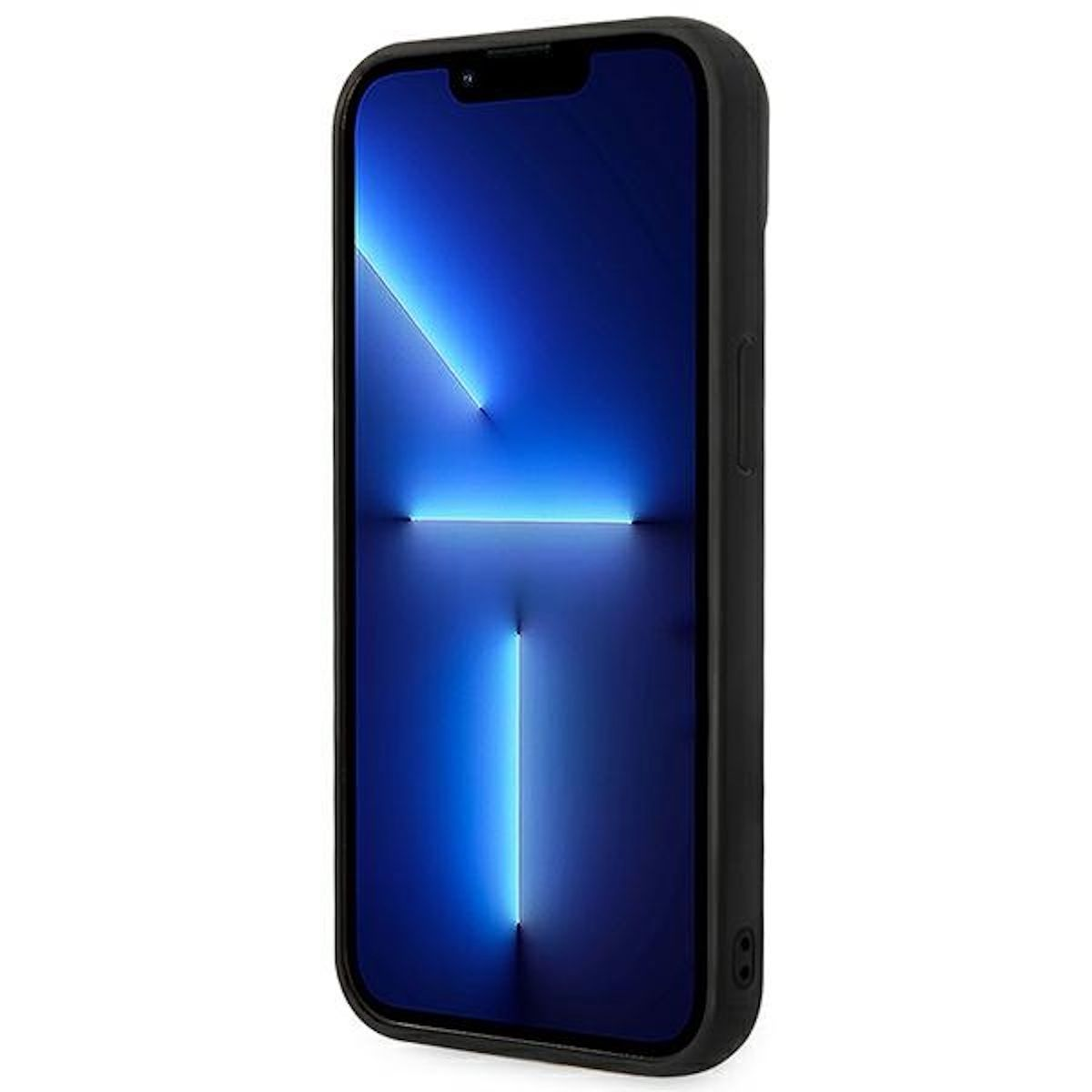 Uno smartphone nero in una custodia, lo schermo mostra una sfumatura blu con una luce verticale.