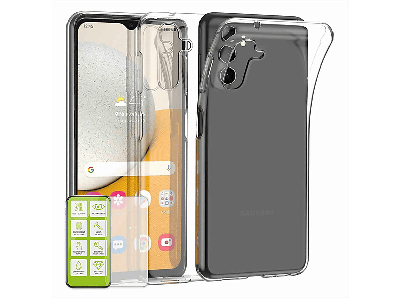 dünn Transparent + Silikon Produktset A14 Galaxy WIGENTO 4G, Backcover, Panzer Folie, / Samsung, Hülle 5G Hartglas H9