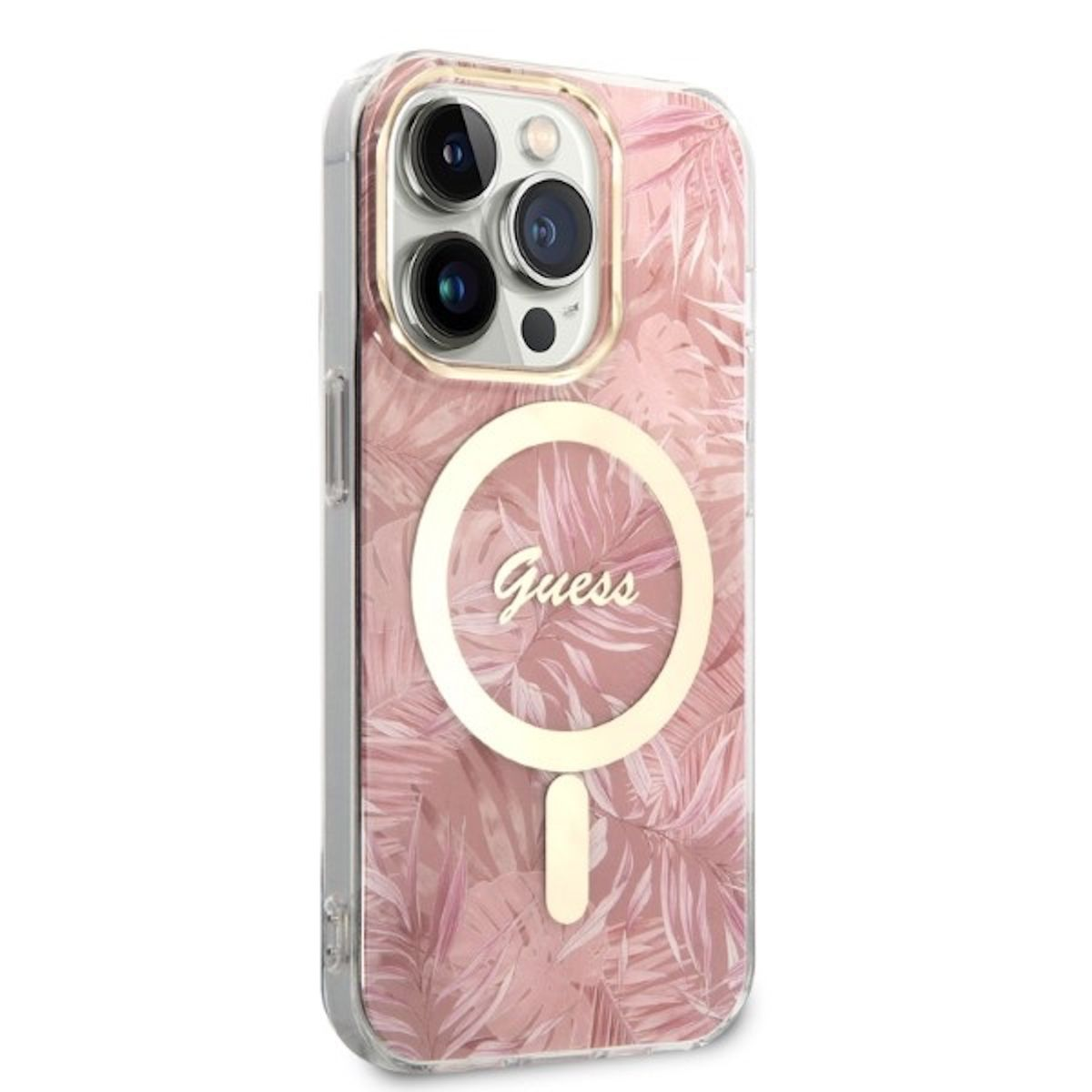 Custodia trasparente con design floreale rosa, anello dorato con logo Guess e tre obiettivi.