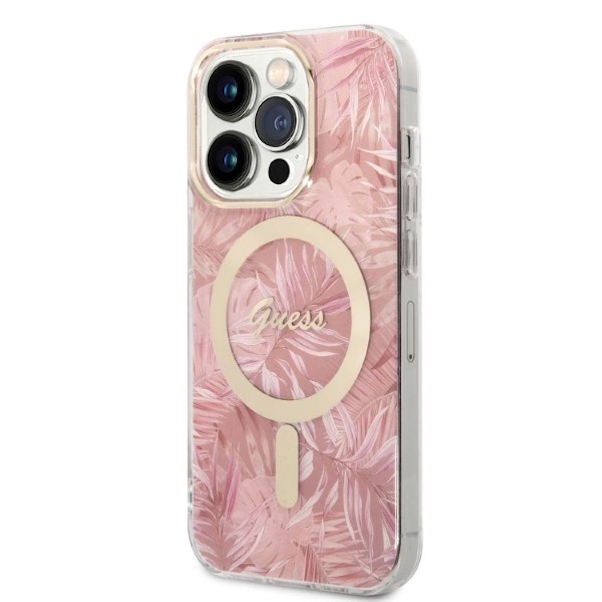 Custodia Guess per iPhone con design a foglie di palma rosa, anello dorato e logo.