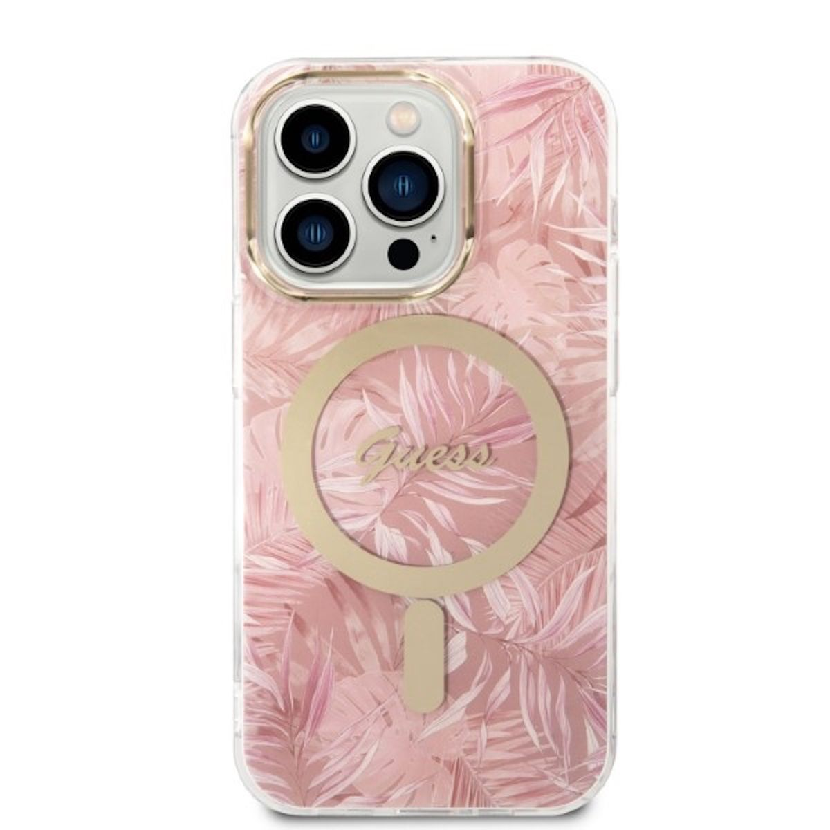 Custodia per telefono con motivo floreale rosa con un anello dorato per tenere. La custodia è su un telefono.