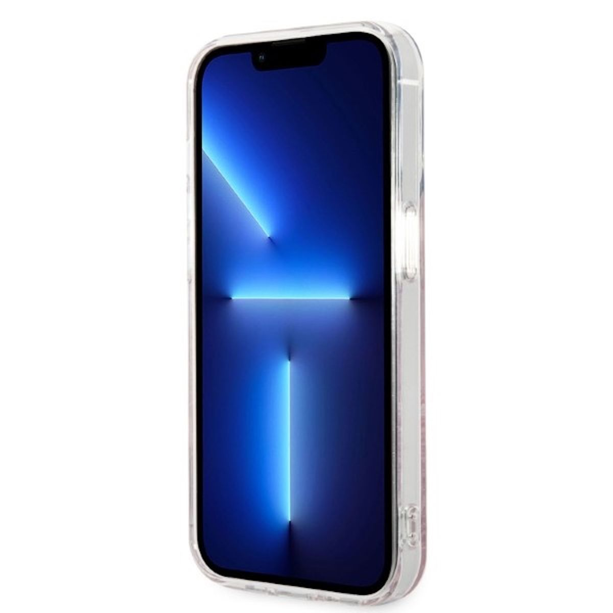 Un telefono in una custodia trasparente, con uno schermo blu brillante. La custodia ha glitter rosa sul lato.