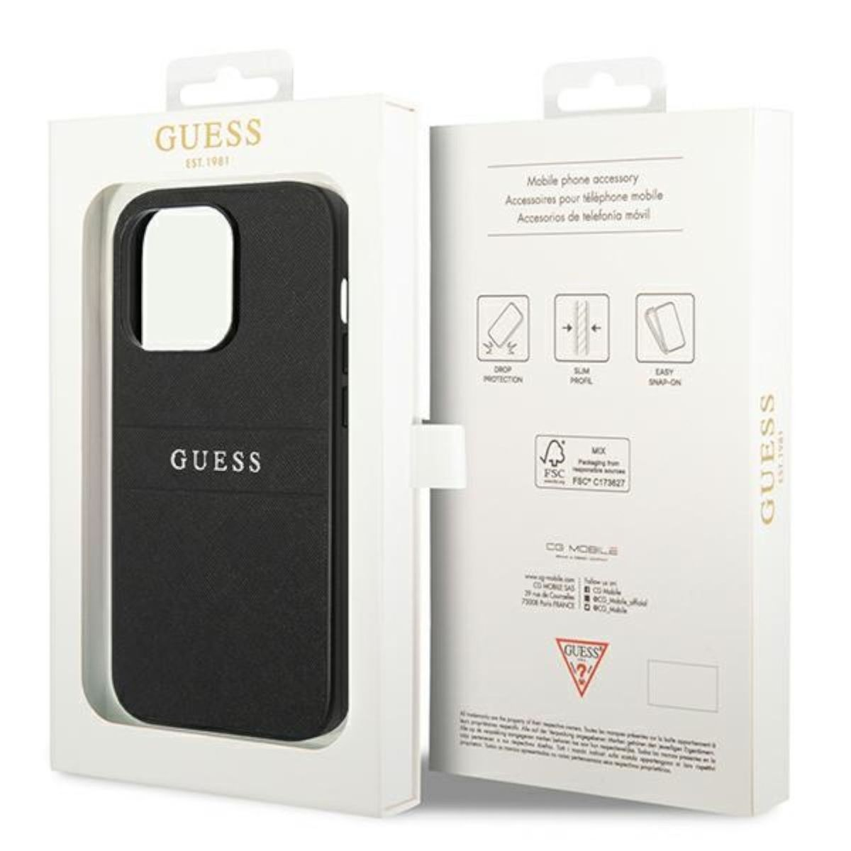 Custodia per telefono GUESS nella sua confezione. Custodia nera con logo GUESS e scatola bianca.