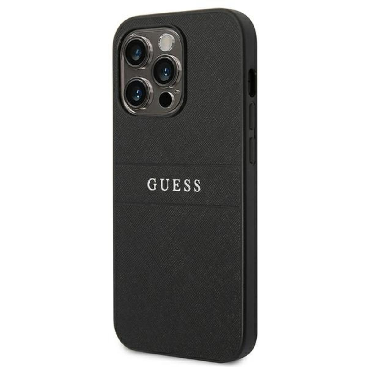 Custodia nera con testo GUESS. Superficie strutturata, fori fotocamera.